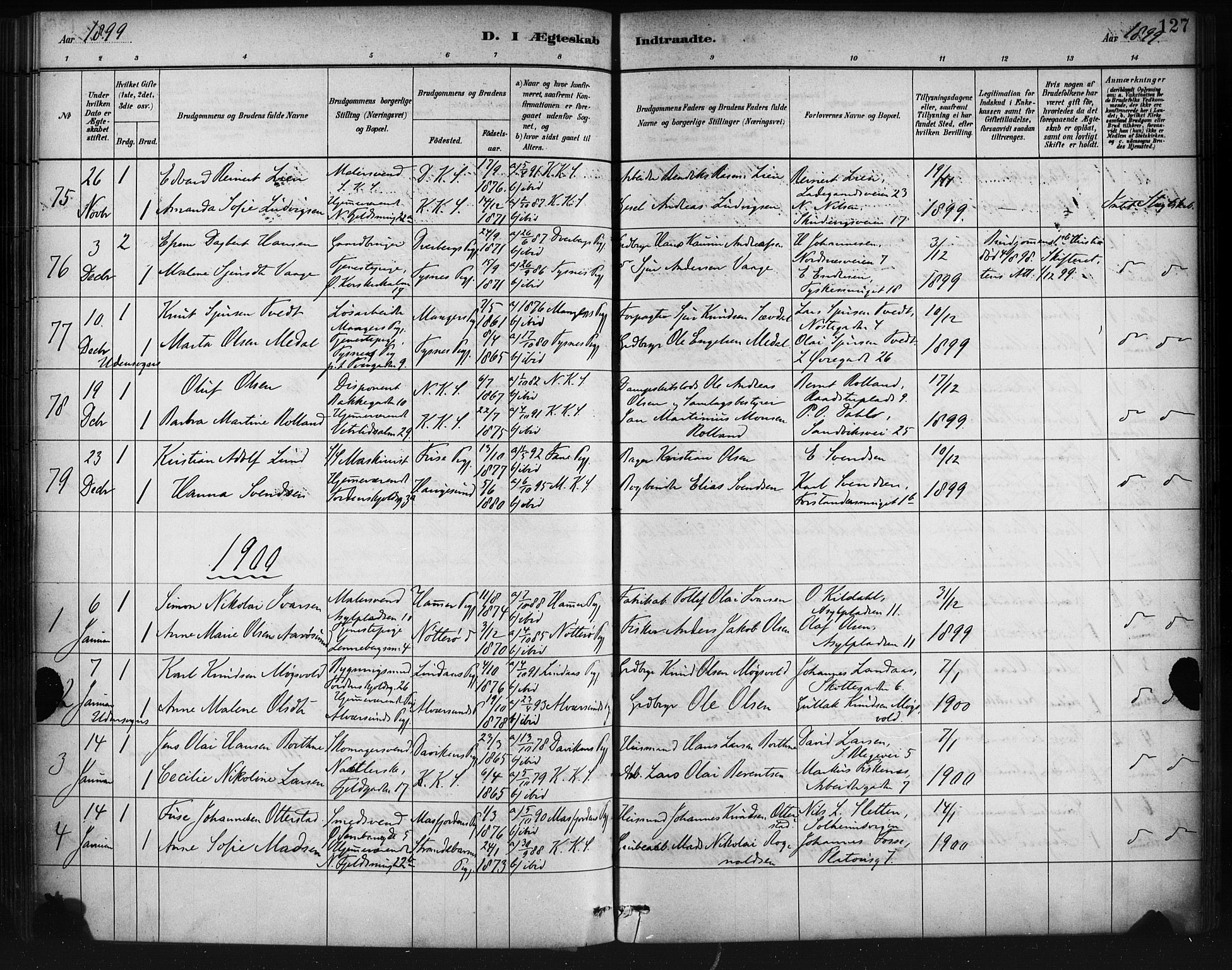 Korskirken sokneprestembete, SAB/A-76101/H/Haa/L0037: Parish register (official) no. D 4, 1883-1904, p. 127