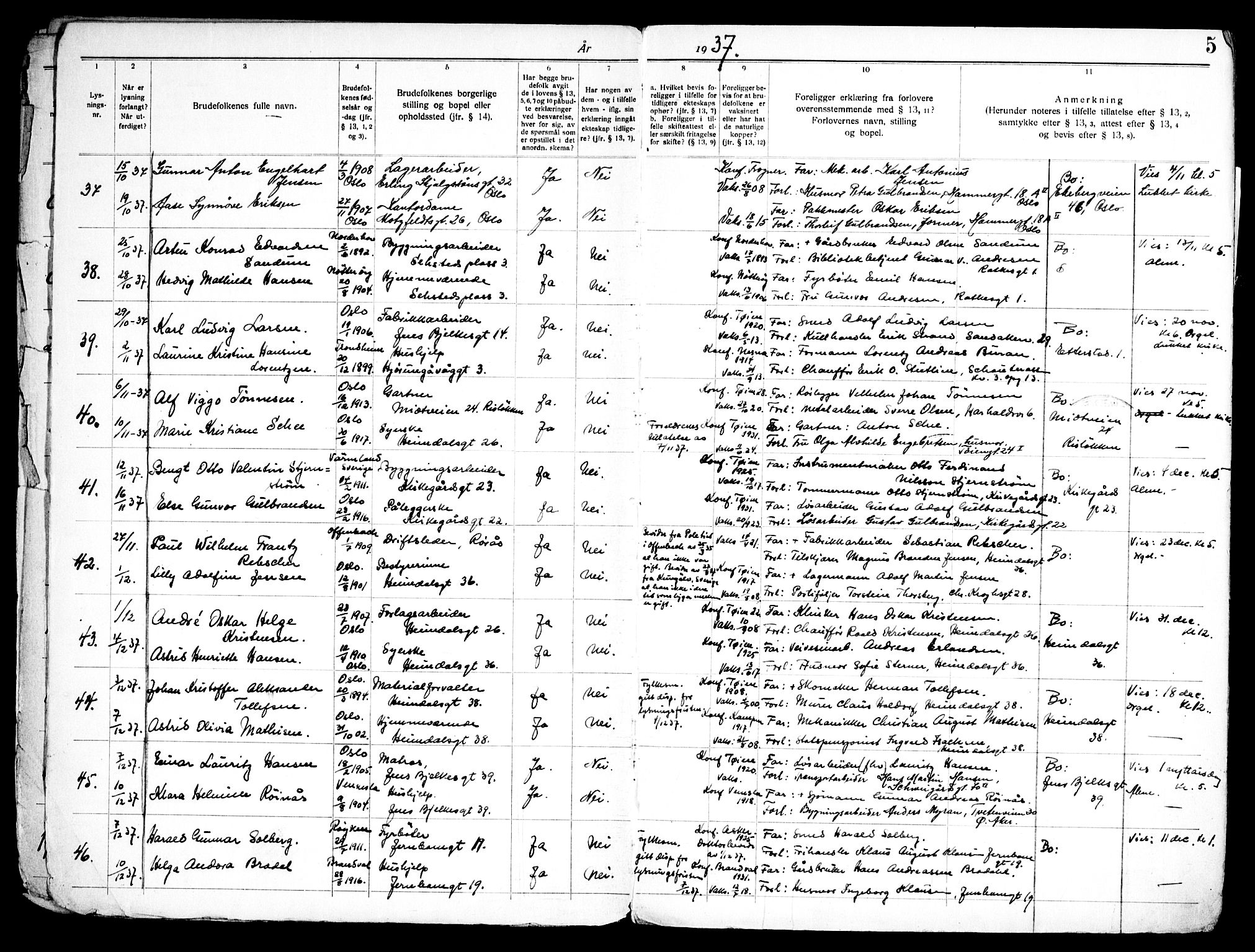 Tøyen prestekontor Kirkebøker, AV/SAO-A-10167a/H/Ha/L0002: Banns register no. 2, 1937-1962, p. 5