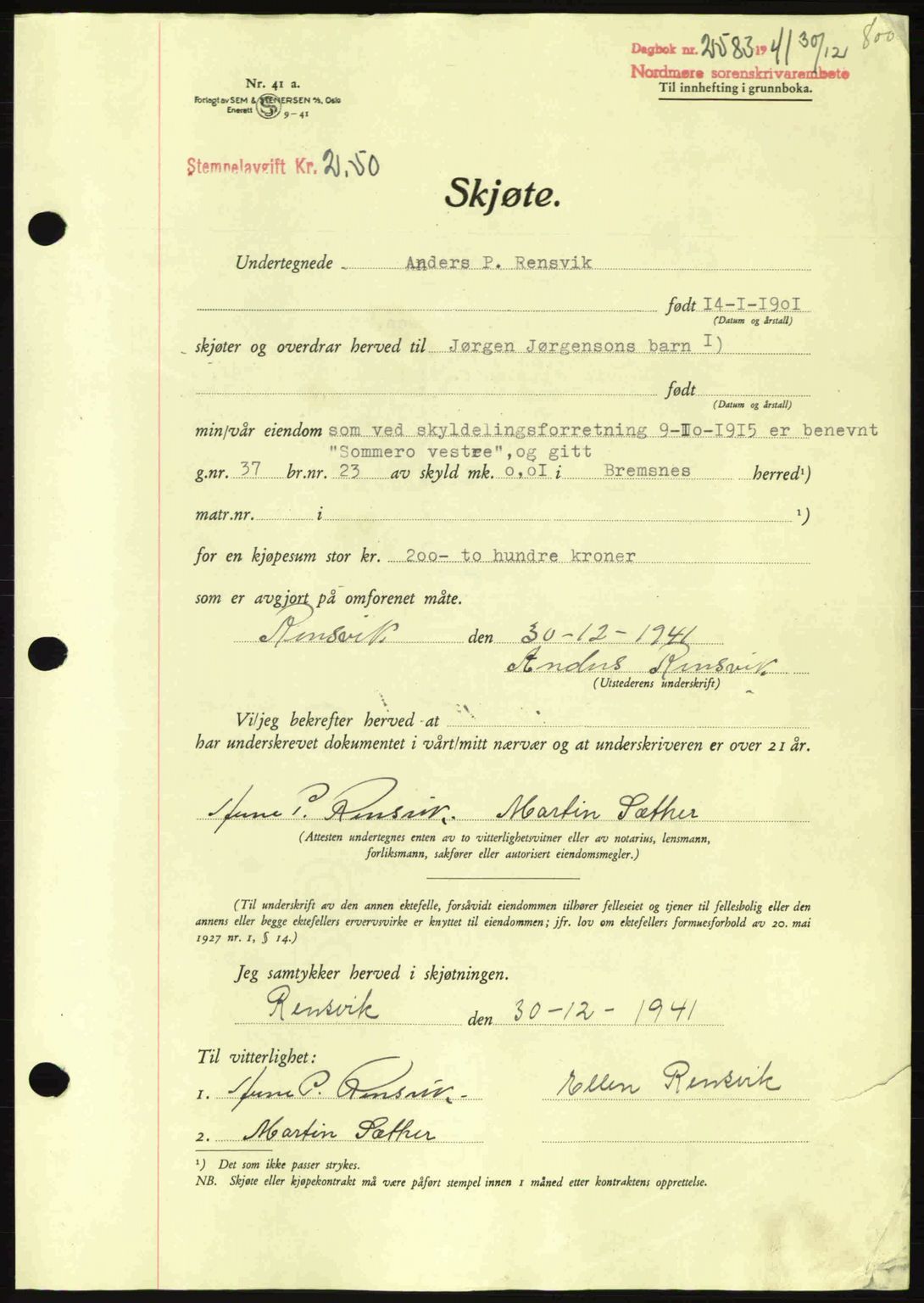 Nordmøre sorenskriveri, AV/SAT-A-4132/1/2/2Ca: Mortgage book no. A91, 1941-1942, Diary no: : 2583/1941