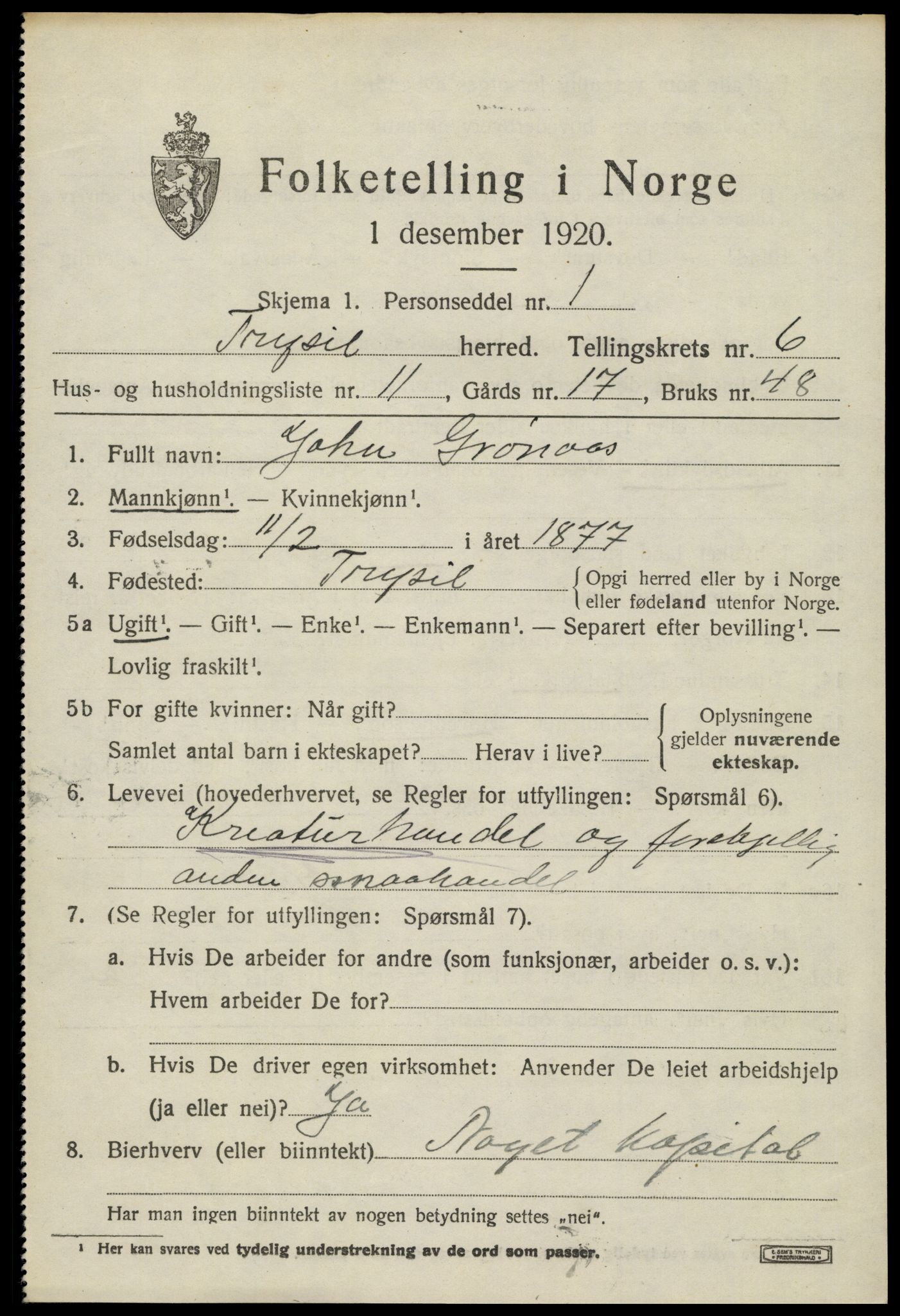 SAH, 1920 census for Trysil, 1920, p. 4659