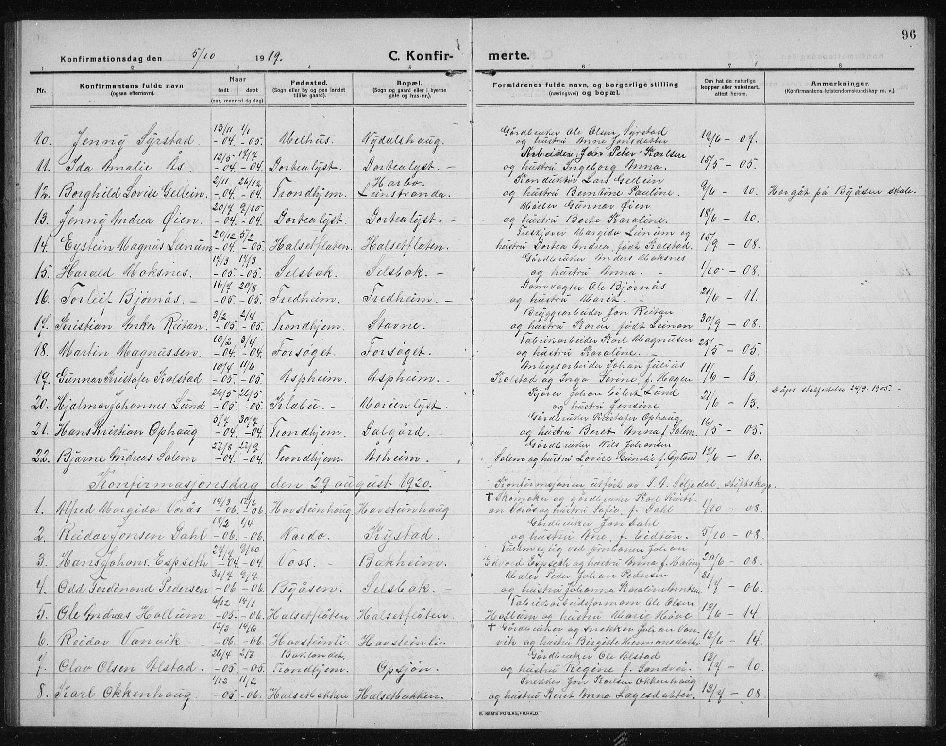Ministerialprotokoller, klokkerbøker og fødselsregistre - Sør-Trøndelag, SAT/A-1456/611/L0356: Parish register (copy) no. 611C04, 1914-1938, p. 96