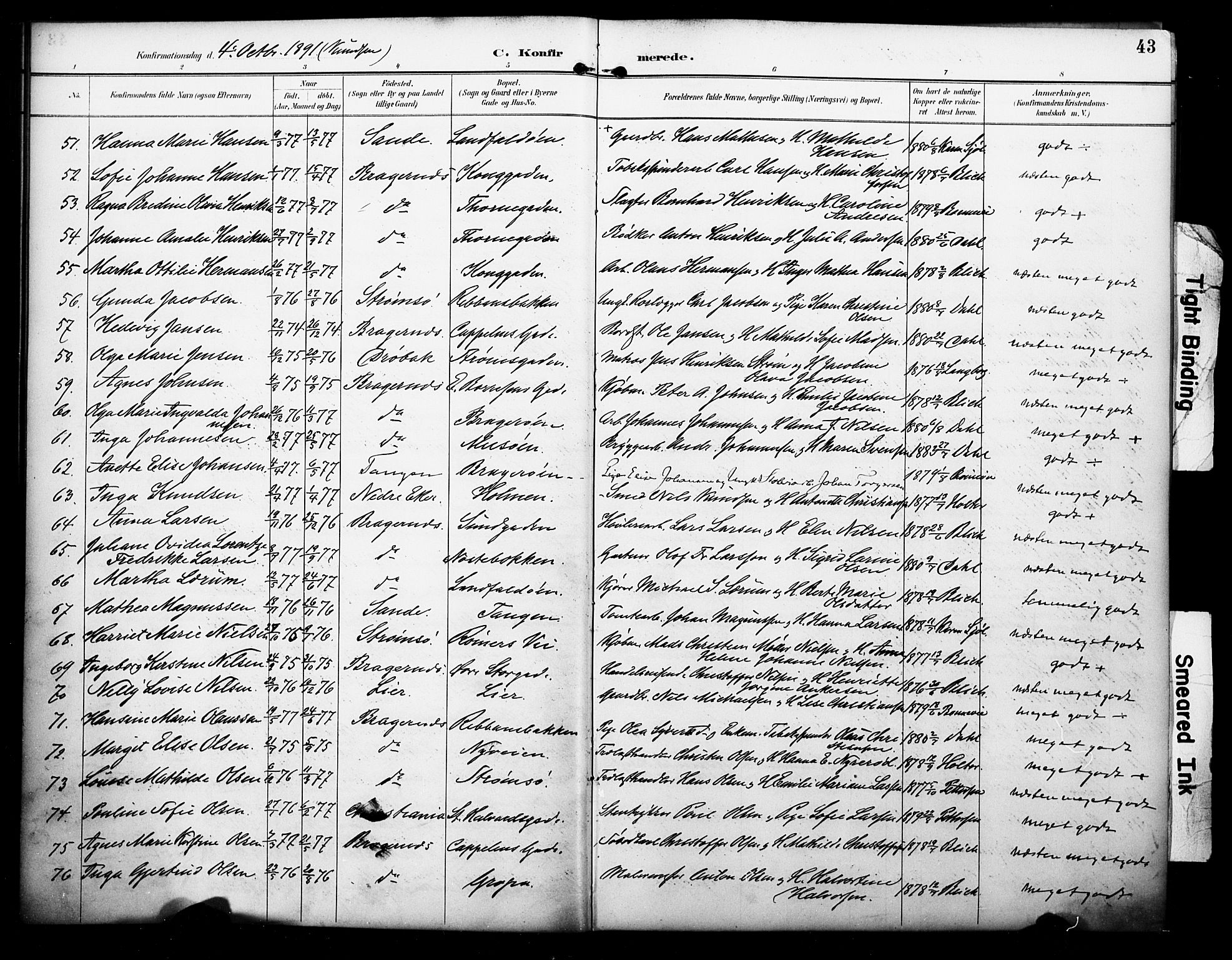 Bragernes kirkebøker, AV/SAKO-A-6/F/Fc/L0006: Parish register (official) no. III 6, 1888-1899, p. 43