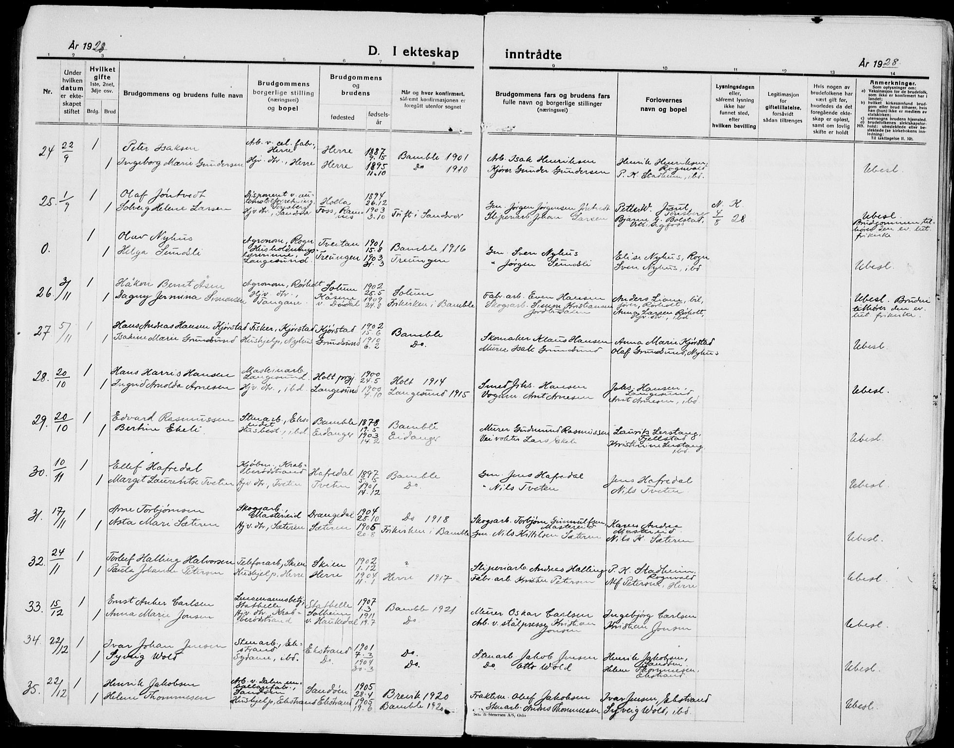 Bamble kirkebøker, SAKO/A-253/G/Ga/L0011: Parish register (copy) no. I 11, 1920-1935