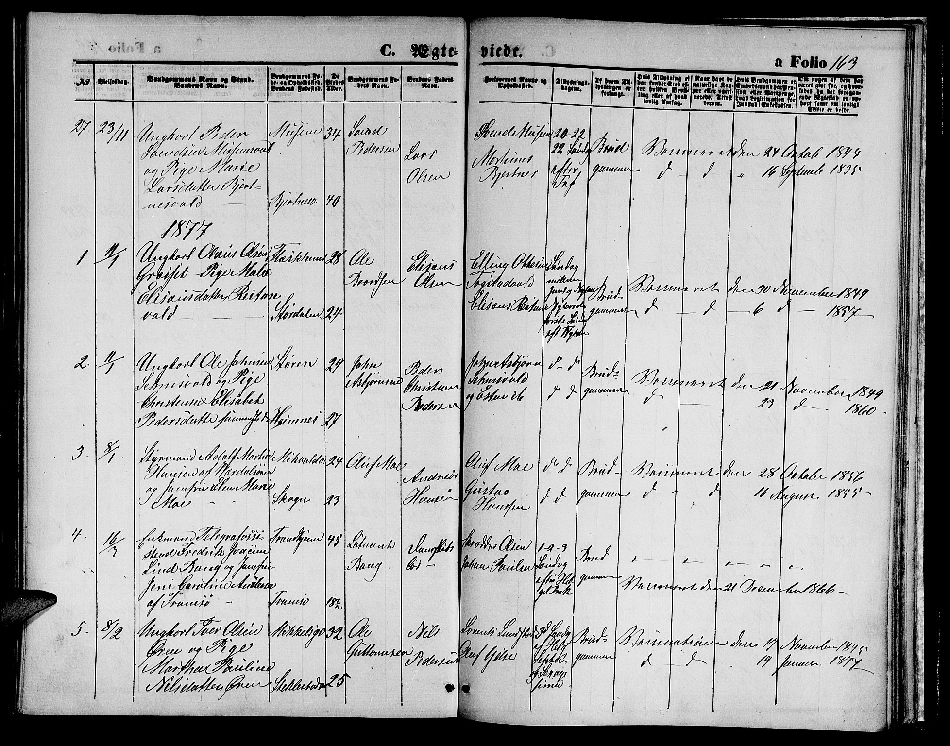 Ministerialprotokoller, klokkerbøker og fødselsregistre - Nord-Trøndelag, SAT/A-1458/723/L0255: Parish register (copy) no. 723C03, 1869-1879, p. 163