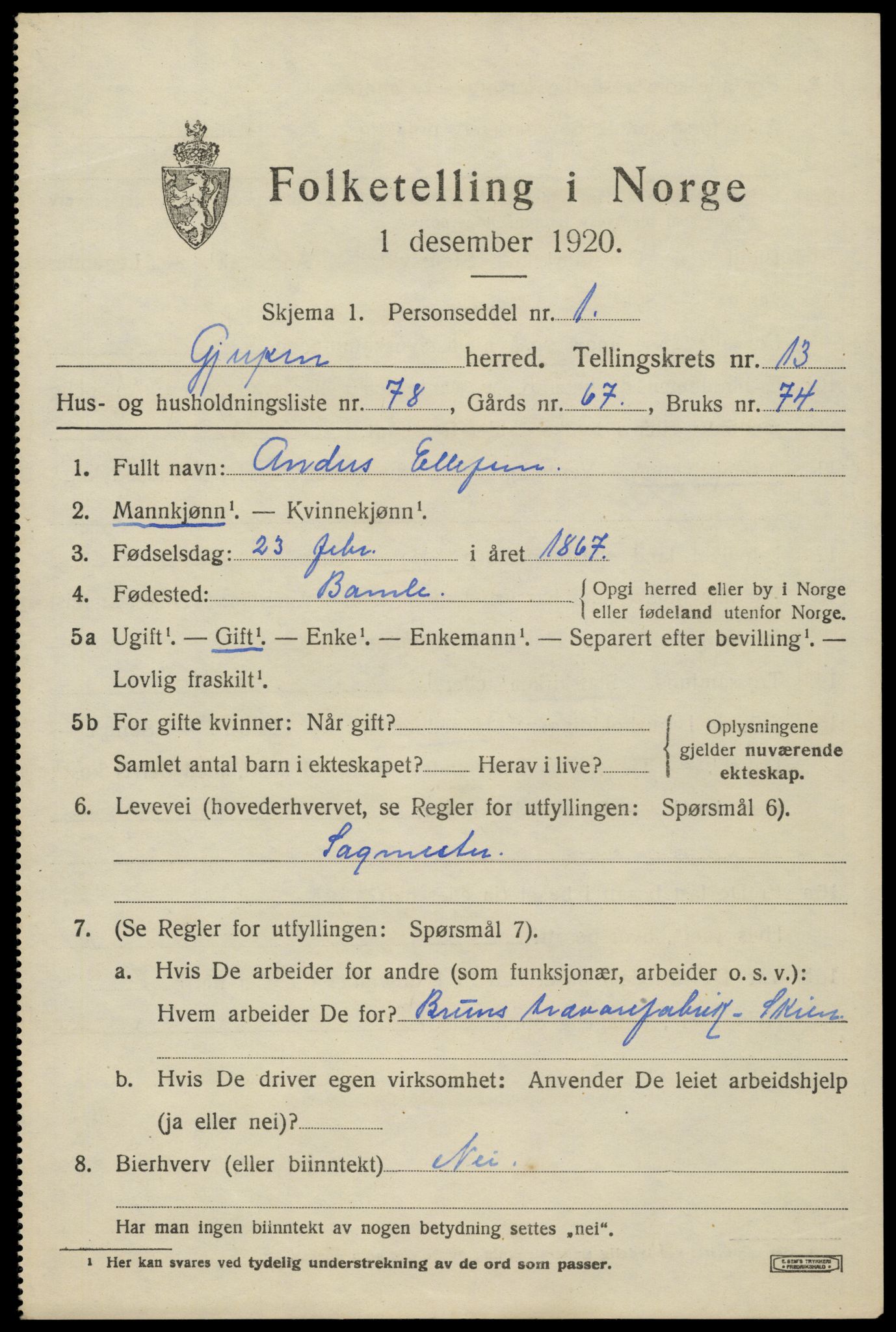 SAKO, 1920 census for Gjerpen, 1920, p. 14962