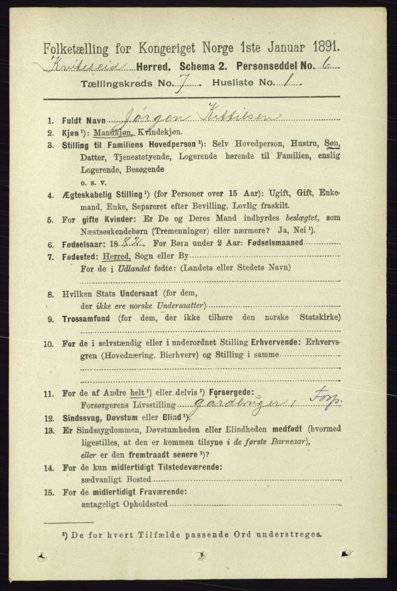 RA, 1891 census for 0829 Kviteseid, 1891, p. 1370