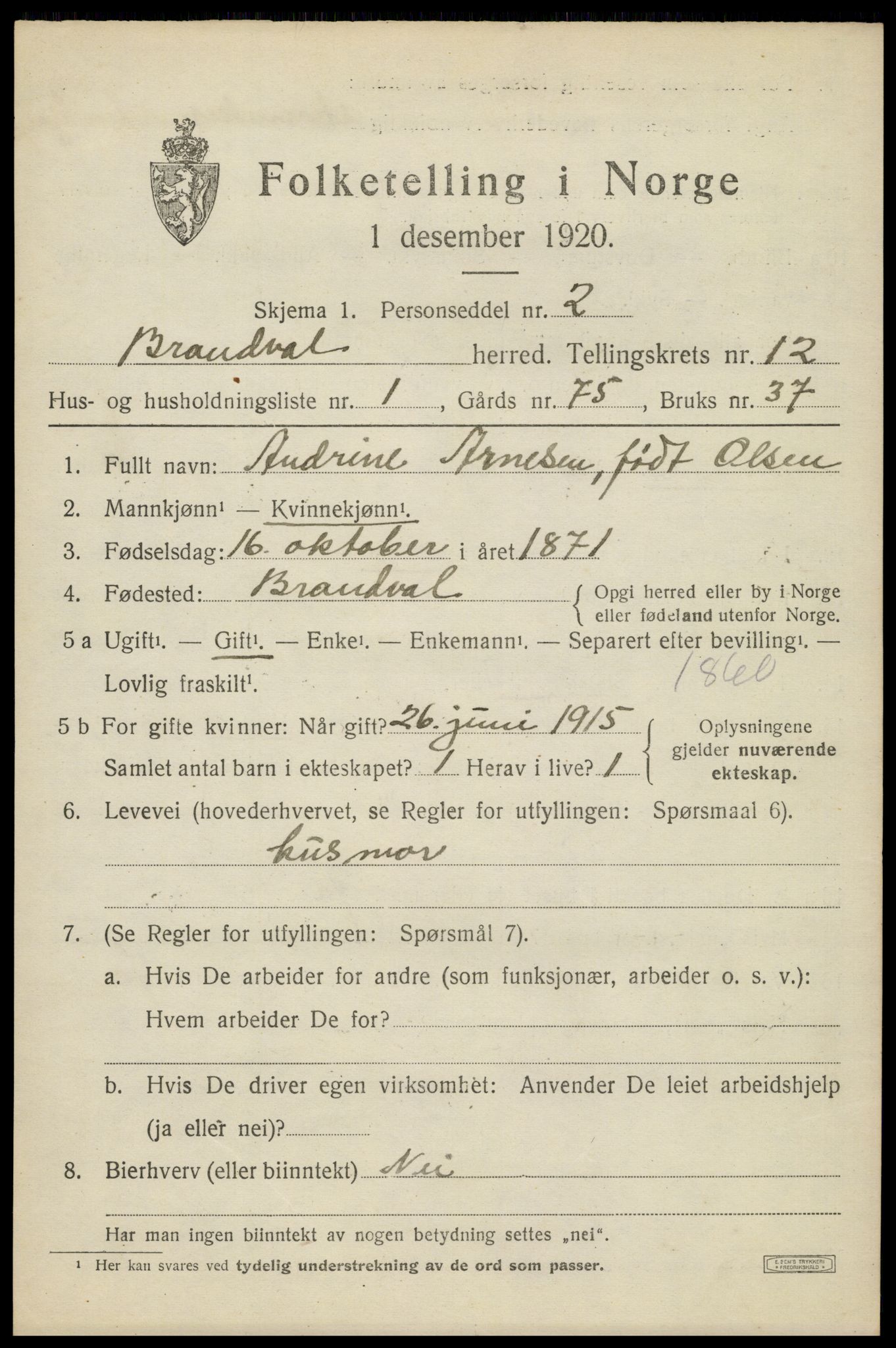 SAH, 1920 census for Brandval, 1920, p. 8464