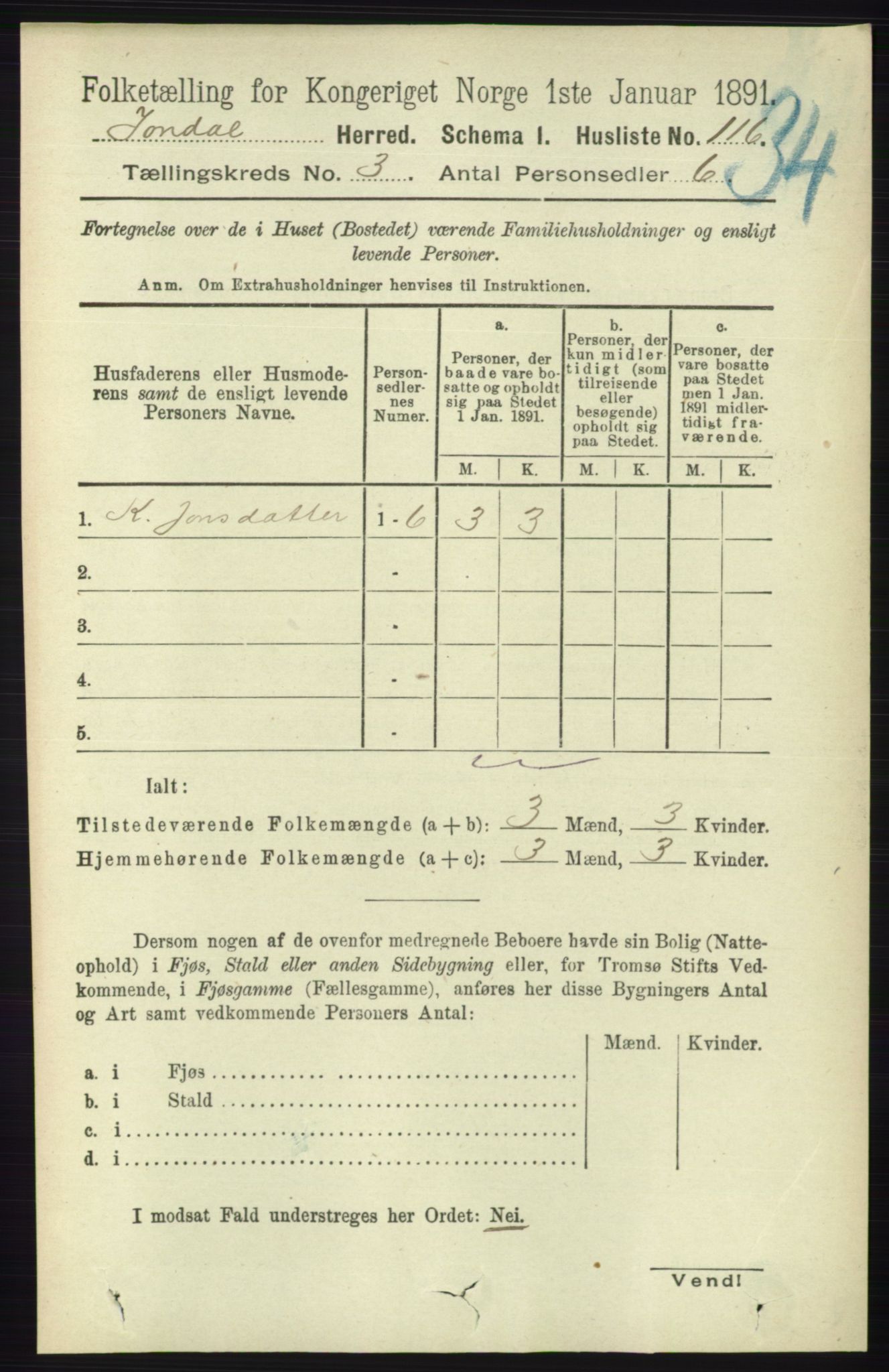 RA, 1891 census for 1227 Jondal, 1891, p. 1297