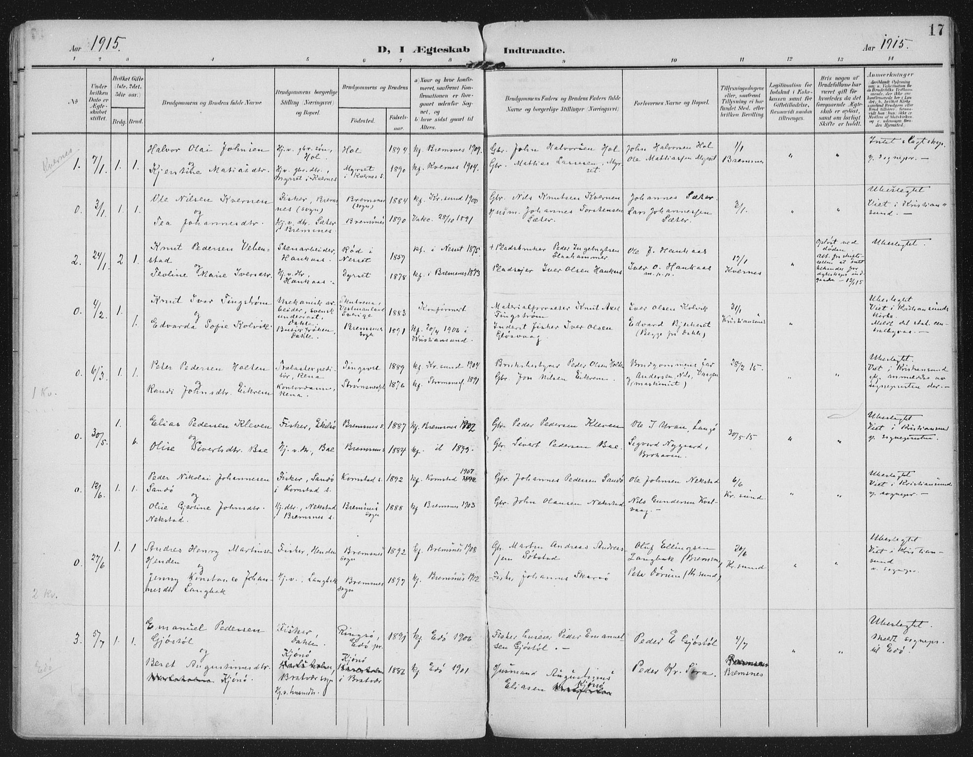 Ministerialprotokoller, klokkerbøker og fødselsregistre - Møre og Romsdal, AV/SAT-A-1454/569/L0822: Parish register (official) no. 569A08, 1908-1919, p. 17