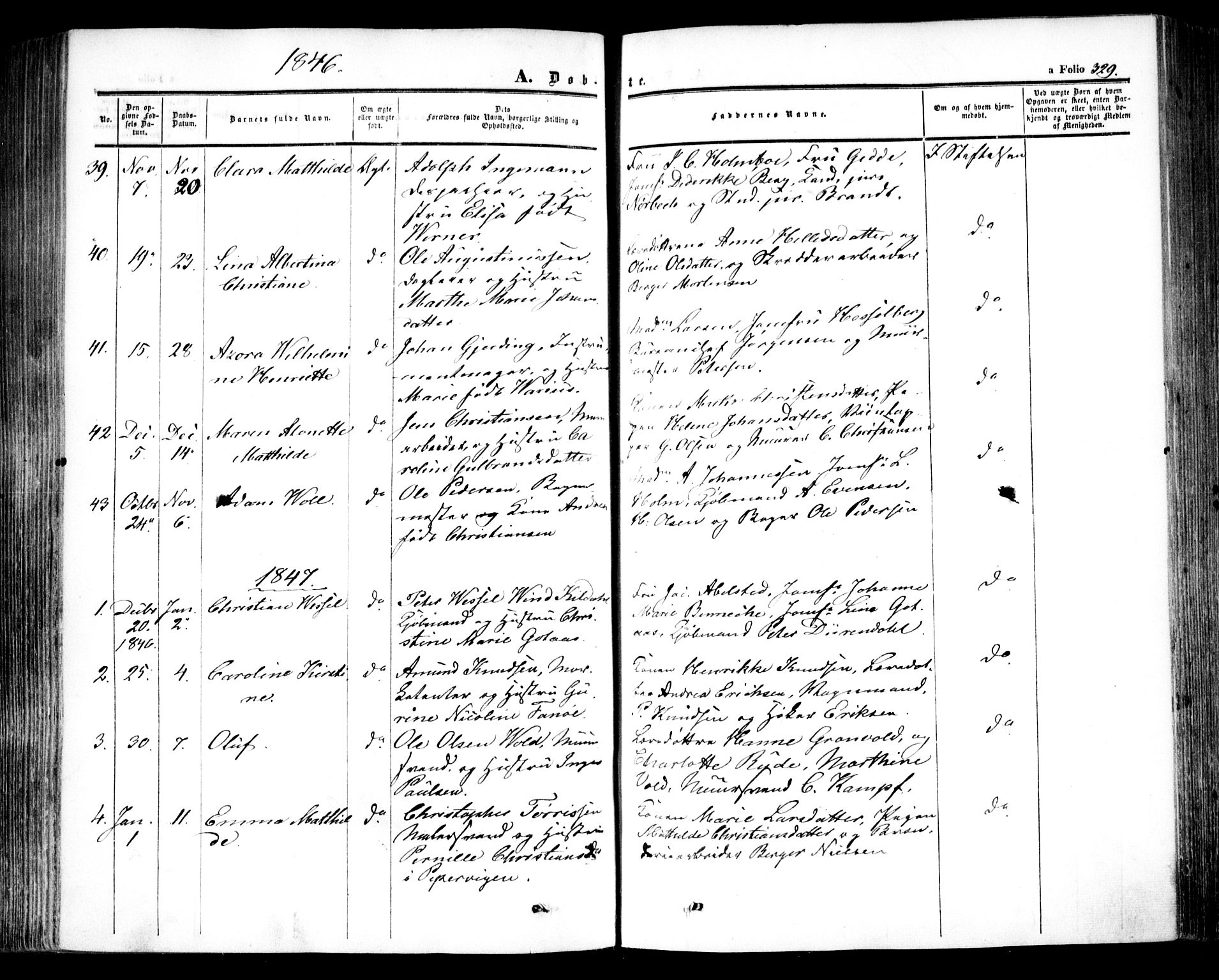 Oslo domkirke Kirkebøker, SAO/A-10752/F/Fa/L0013: Parish register (official) no. 13, 1844-1864, p. 329