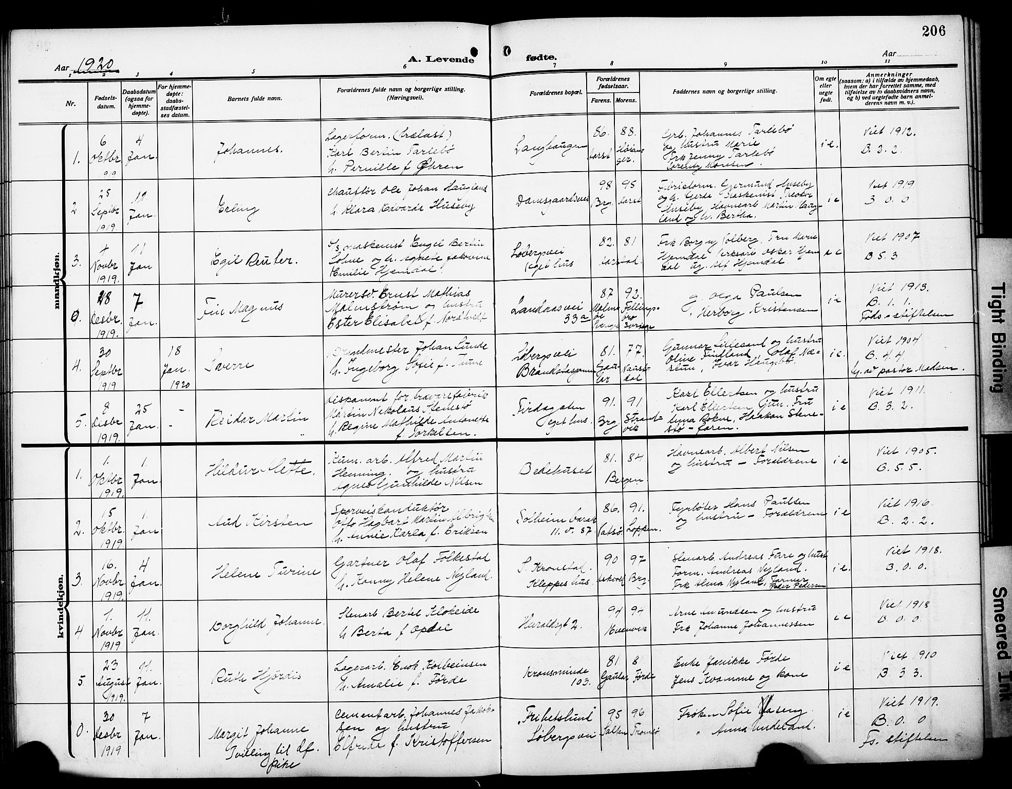 Årstad Sokneprestembete, AV/SAB-A-79301/H/Hab/L0003: Parish register (copy) no. A 3, 1912-1921, p. 206