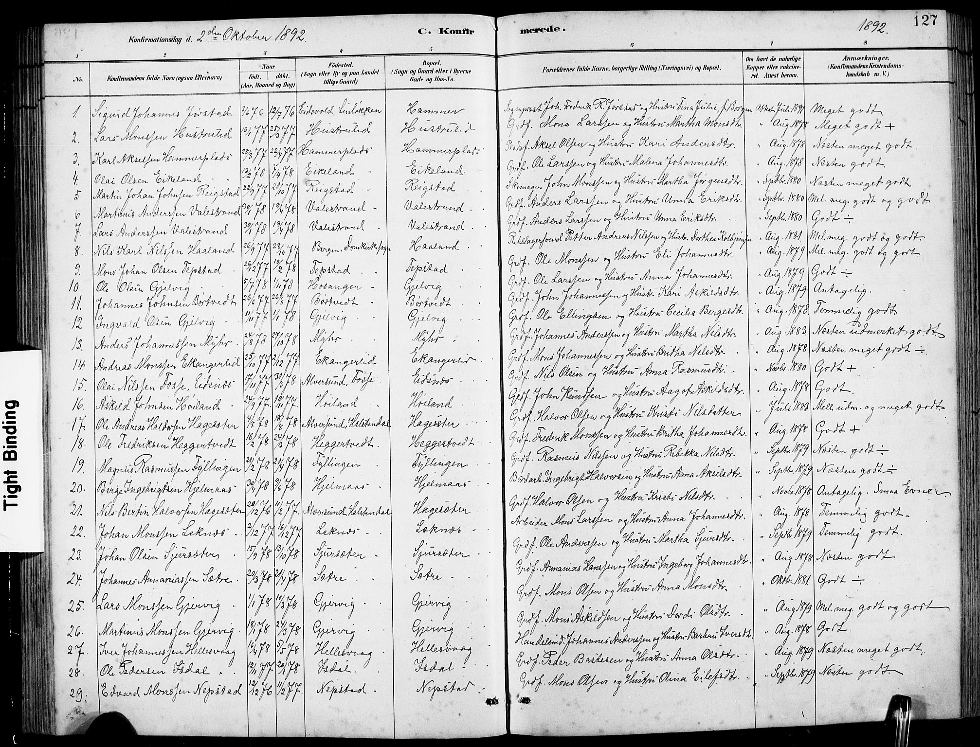 Hamre sokneprestembete, SAB/A-75501/H/Ha/Hab: Parish register (copy) no. B 3, 1881-1898, p. 127