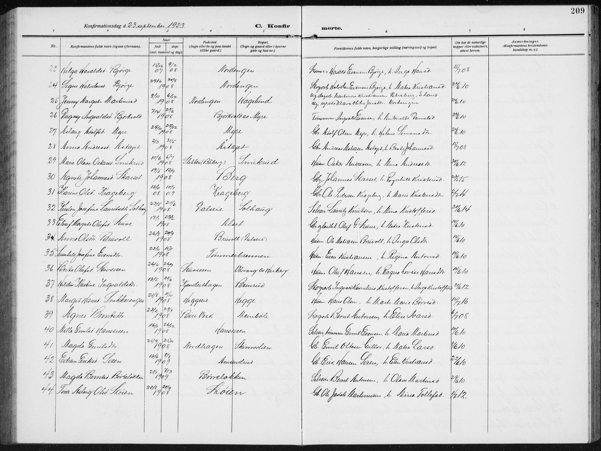 Biri prestekontor, AV/SAH-PREST-096/H/Ha/Hab/L0006: Parish register (copy) no. 6, 1909-1938, p. 209