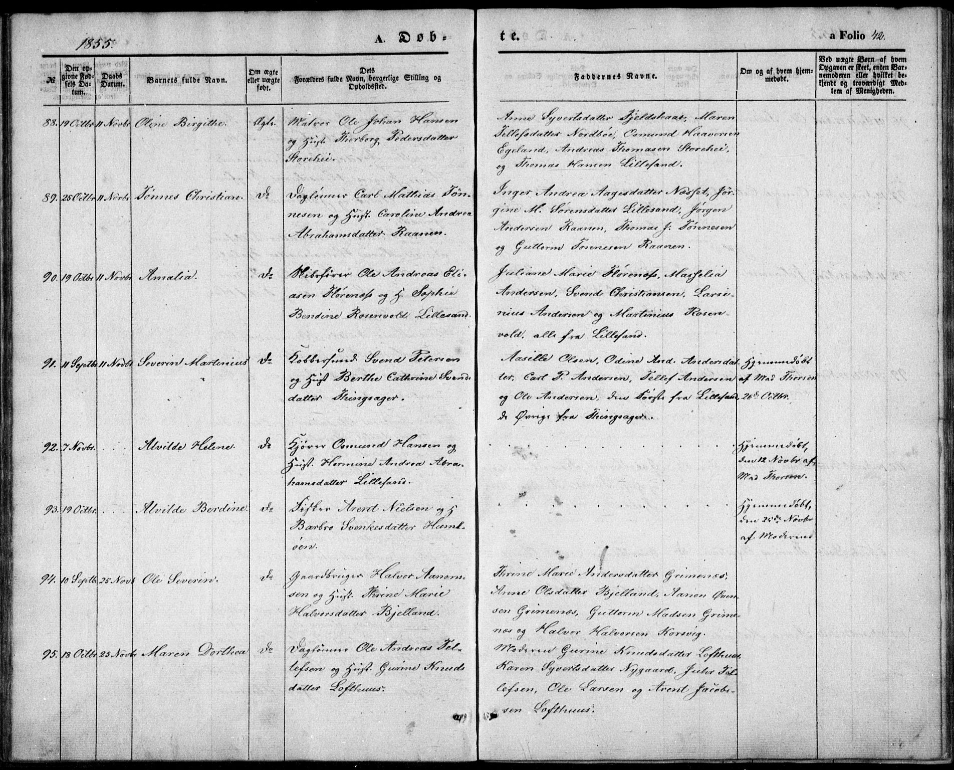 Vestre Moland sokneprestkontor, AV/SAK-1111-0046/F/Fb/Fbb/L0003: Parish register (copy) no. B 3, 1851-1861, p. 42