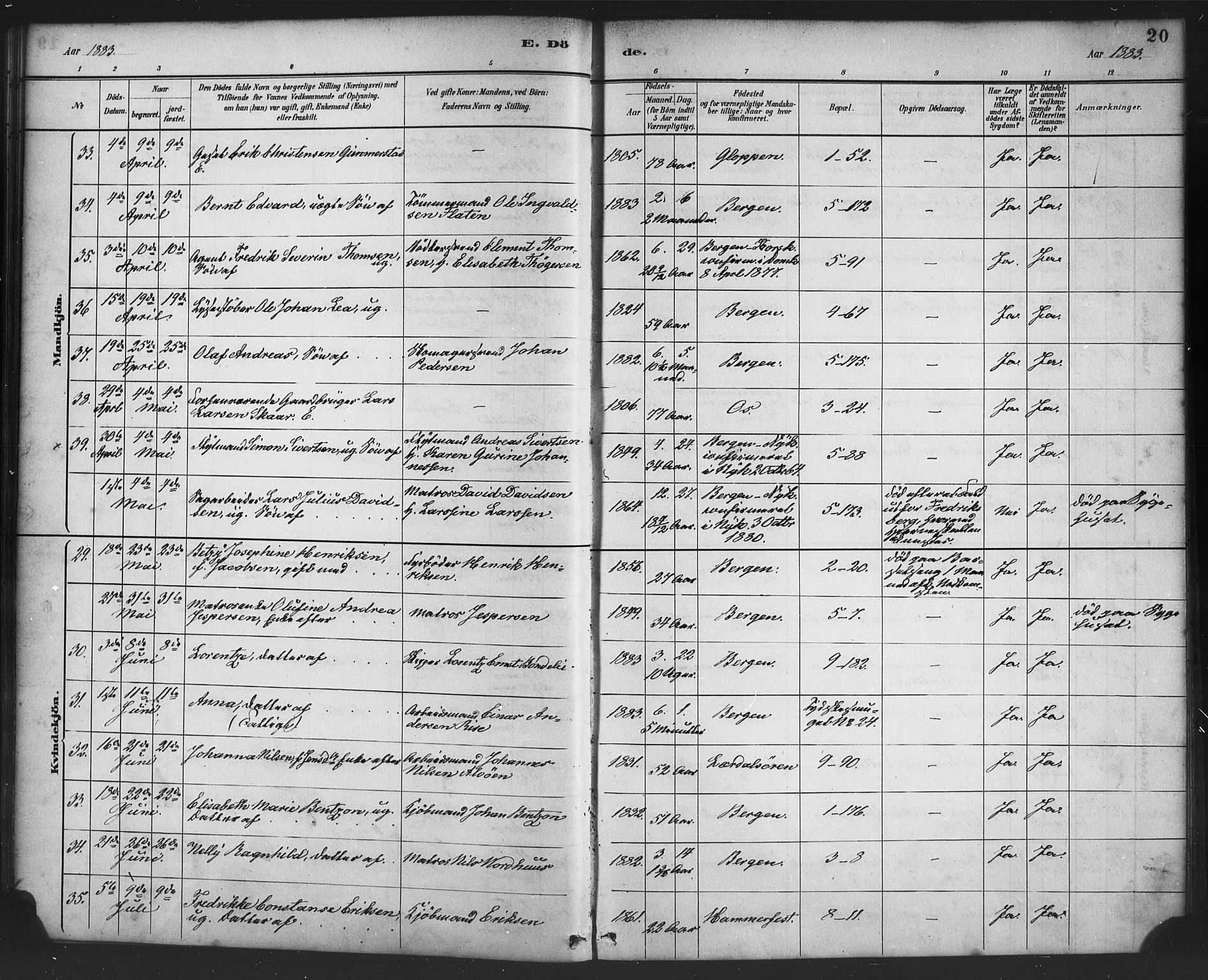 Nykirken Sokneprestembete, AV/SAB-A-77101/H/Haa/L0044: Parish register (official) no. E 4, 1882-1898, p. 20