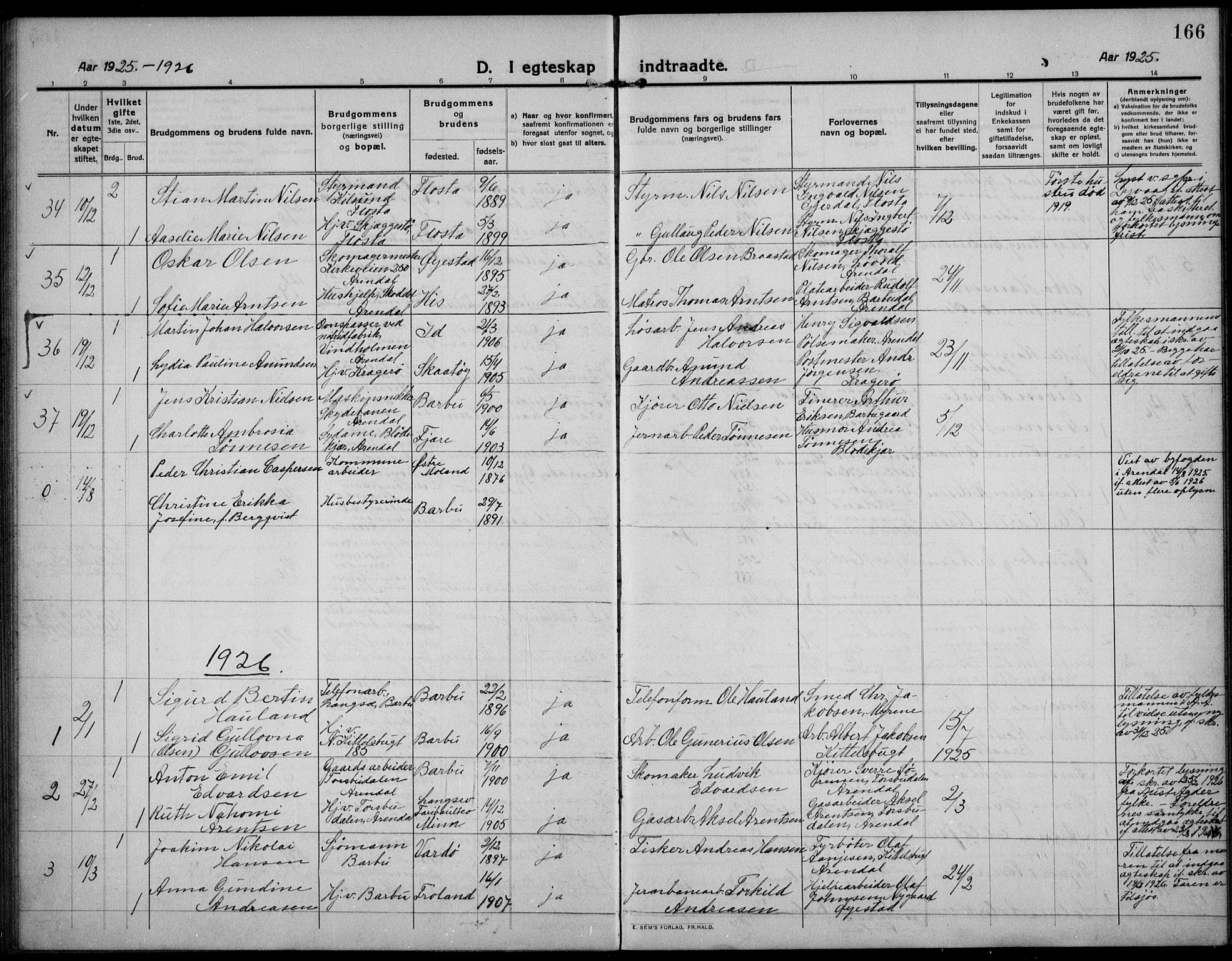 Barbu sokneprestkontor, AV/SAK-1111-0003/F/Fb/L0004: Parish register (copy) no. B 4, 1911-1936, p. 166