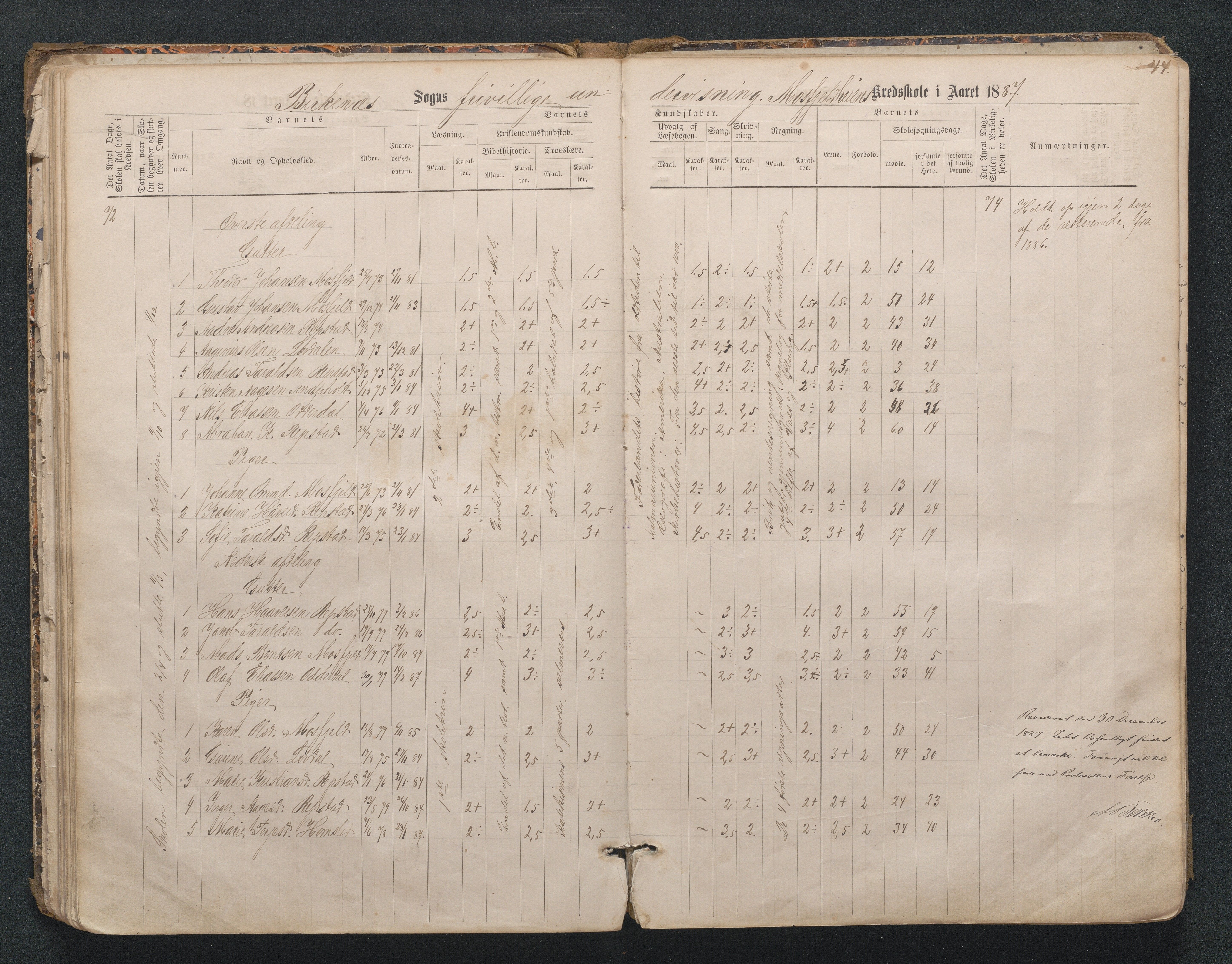 Birkenes kommune, Mosfjell skolekrets, AAKS/KA0928-550f_91/F02/L0001: Skoleprotokoll Flå og Mosfjell, 1867-1909, p. 44