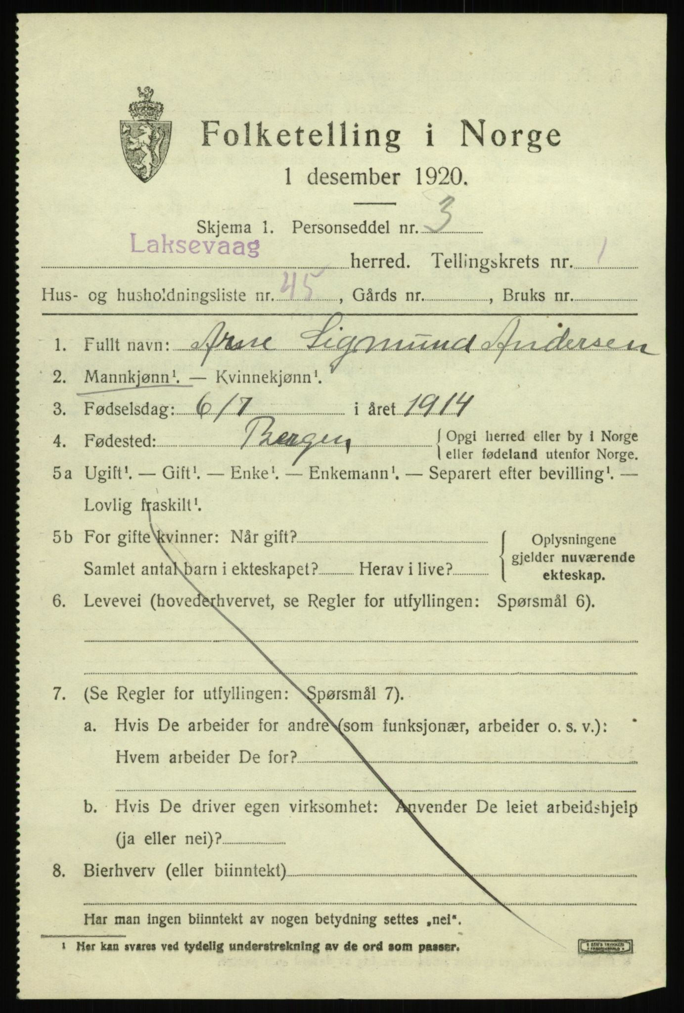 SAB, 1920 census for Laksevåg, 1920, p. 3340