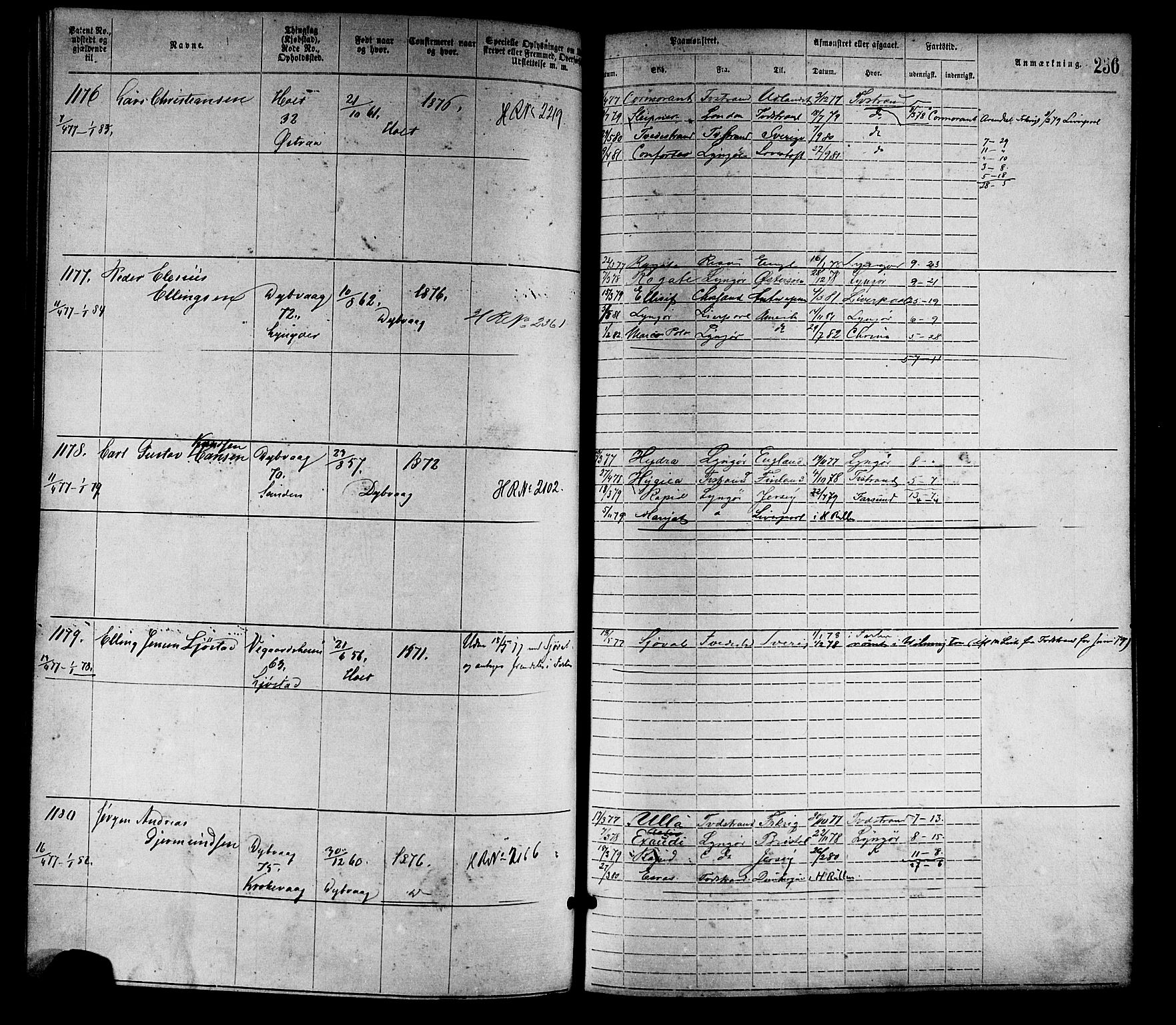 Tvedestrand mønstringskrets, SAK/2031-0011/F/Fa/L0001: Annotasjonsrulle nr 1-1905 med register, R-1, 1866-1886, p. 258