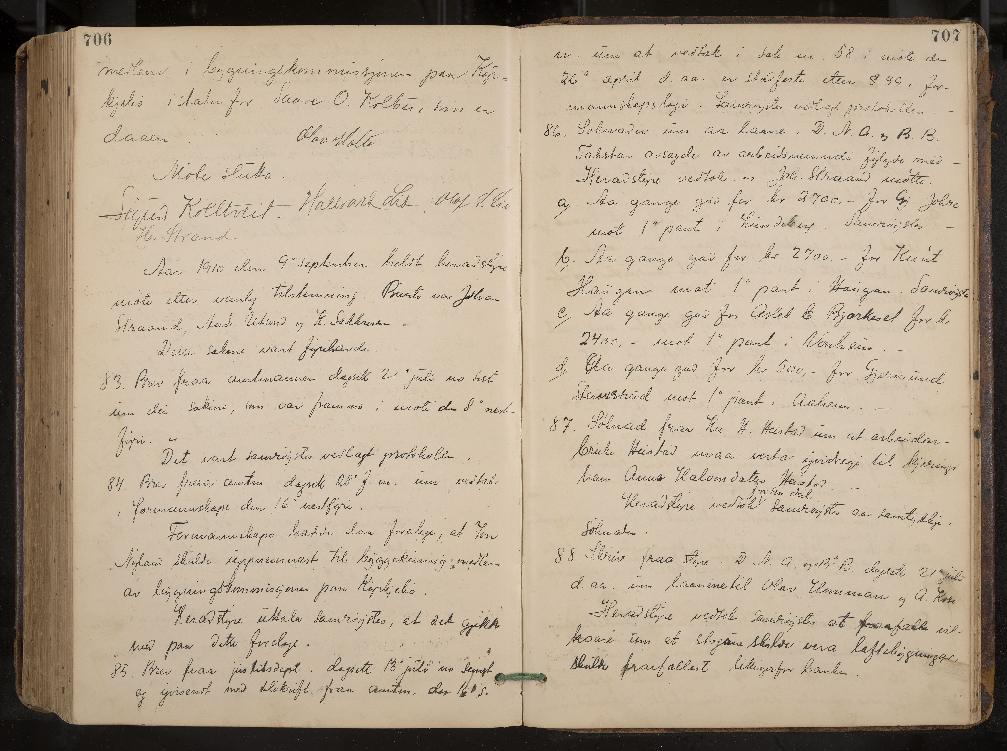 Kviteseid formannskap og sentraladministrasjon, IKAK/0829021/A/Aa/L0004: Møtebok, 1896-1911, p. 706-707