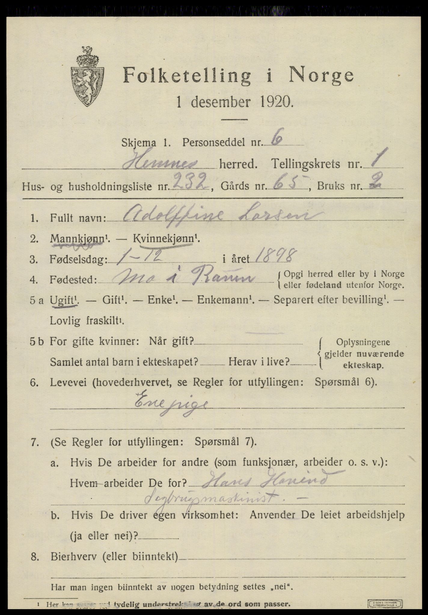 SAT, 1920 census for Hemnes, 1920, p. 3730