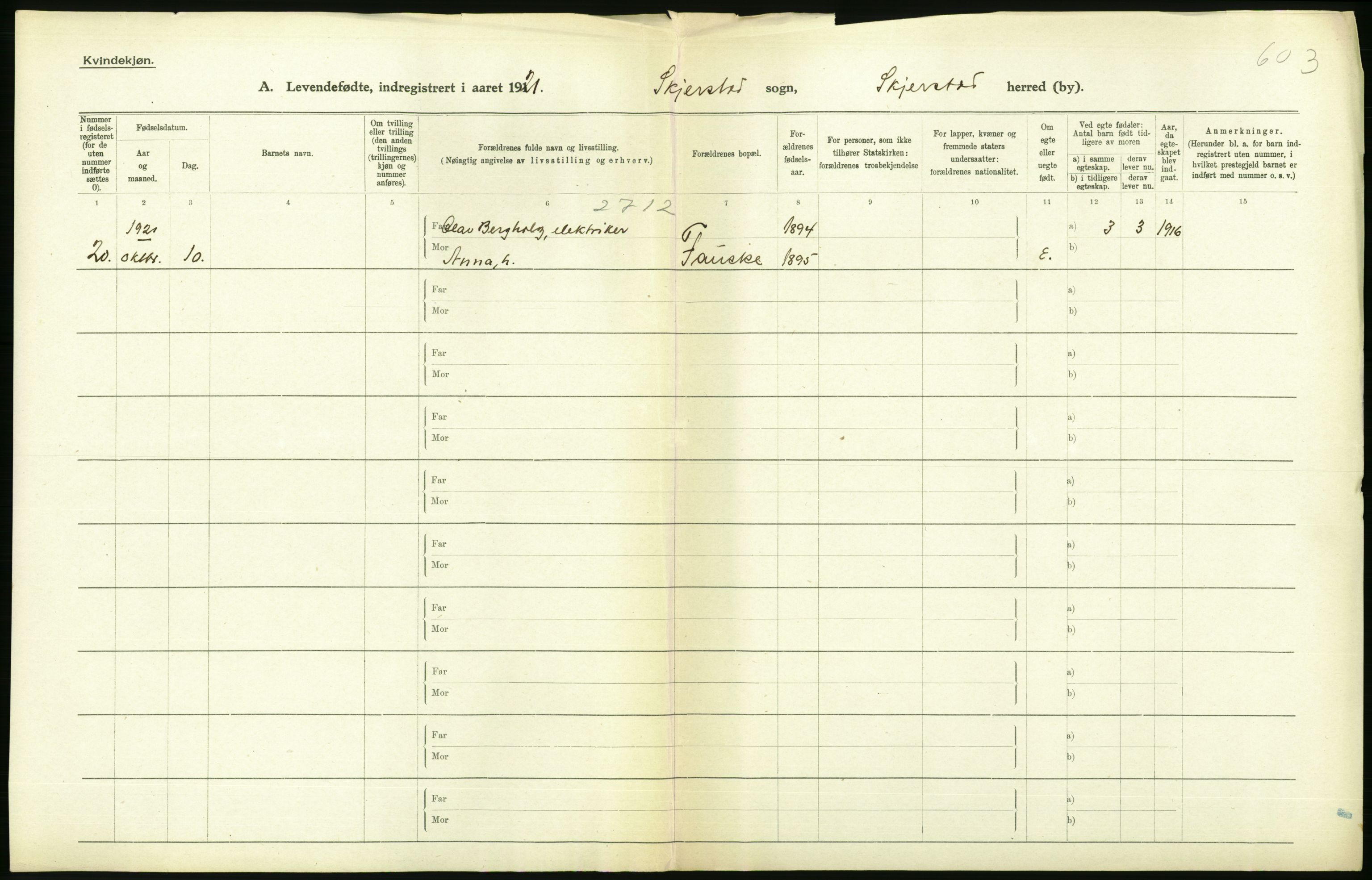 Statistisk sentralbyrå, Sosiodemografiske emner, Befolkning, RA/S-2228/D/Df/Dfc/Dfca/L0049: Nordland fylke: Levendefødte menn og kvinner. Bygder., 1921, p. 184