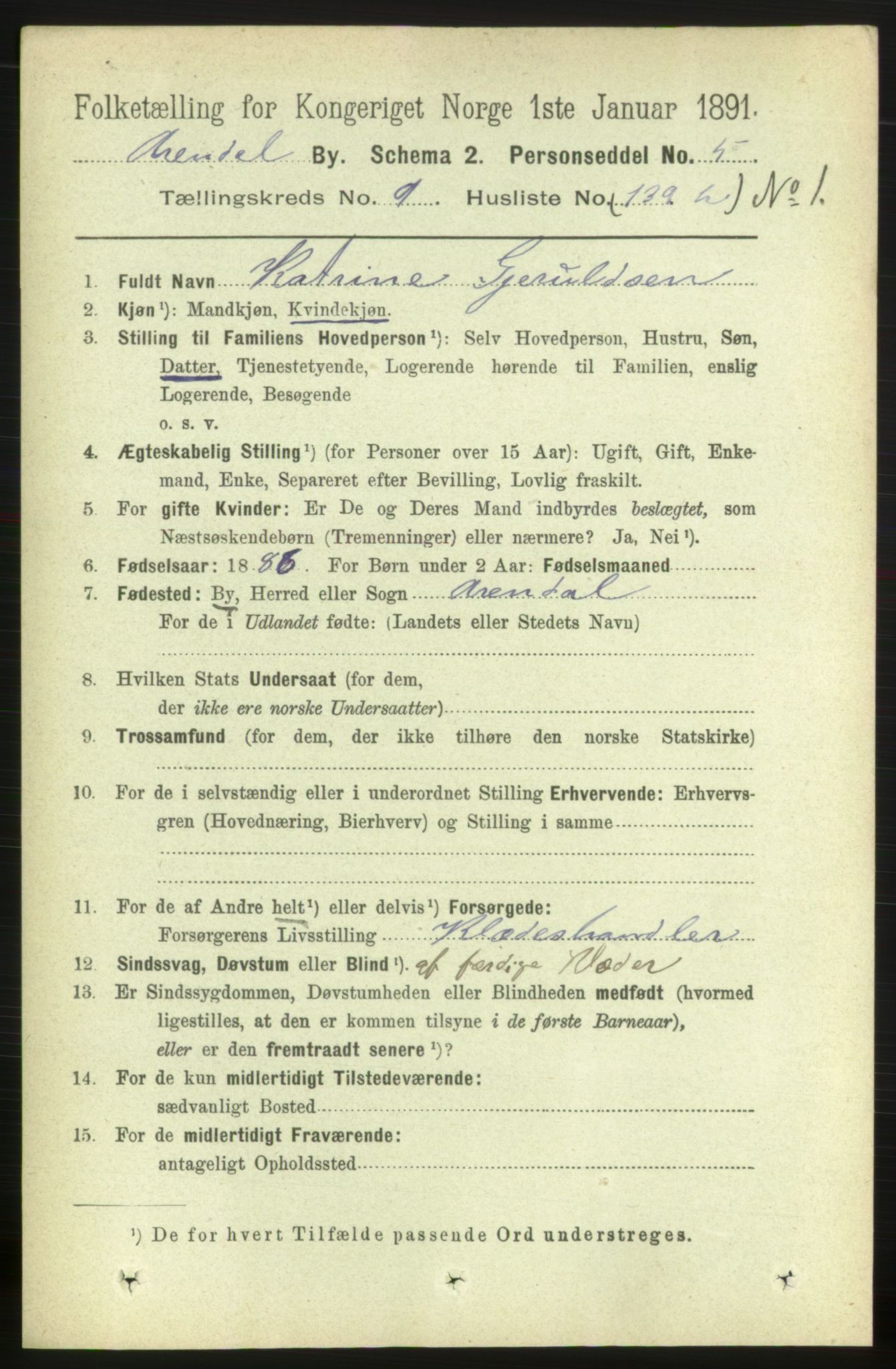 RA, 1891 census for 0903 Arendal, 1891, p. 3224