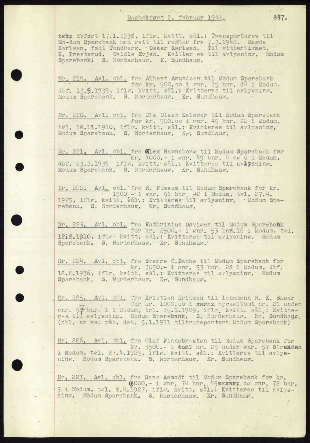 Eiker, Modum og Sigdal sorenskriveri, SAKO/A-123/G/Ga/Gab/L0047: Mortgage book no. A17, 1942-1943, Diary no: : 219/1943