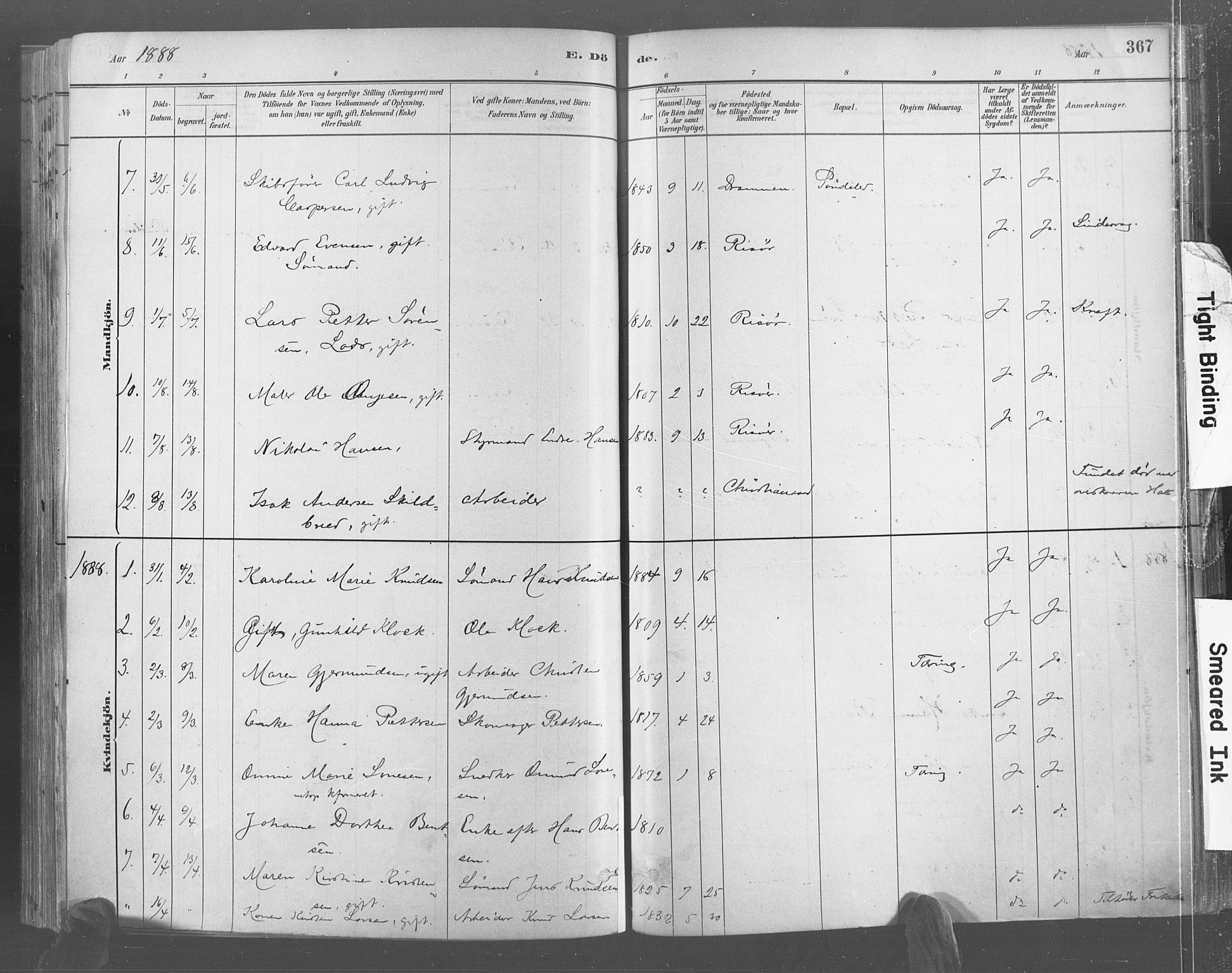 Risør sokneprestkontor, AV/SAK-1111-0035/F/Fa/L0005: Parish register (official) no. A 5, 1883-1895, p. 367