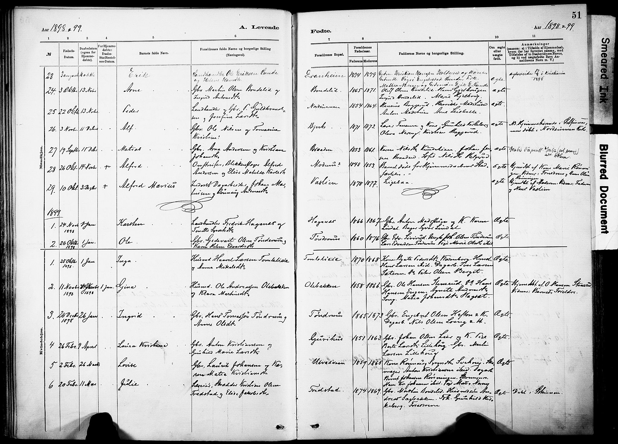 Nordre Land prestekontor, SAH/PREST-124/H/Ha/Haa/L0005: Parish register (official) no. 5, 1882-1903, p. 51