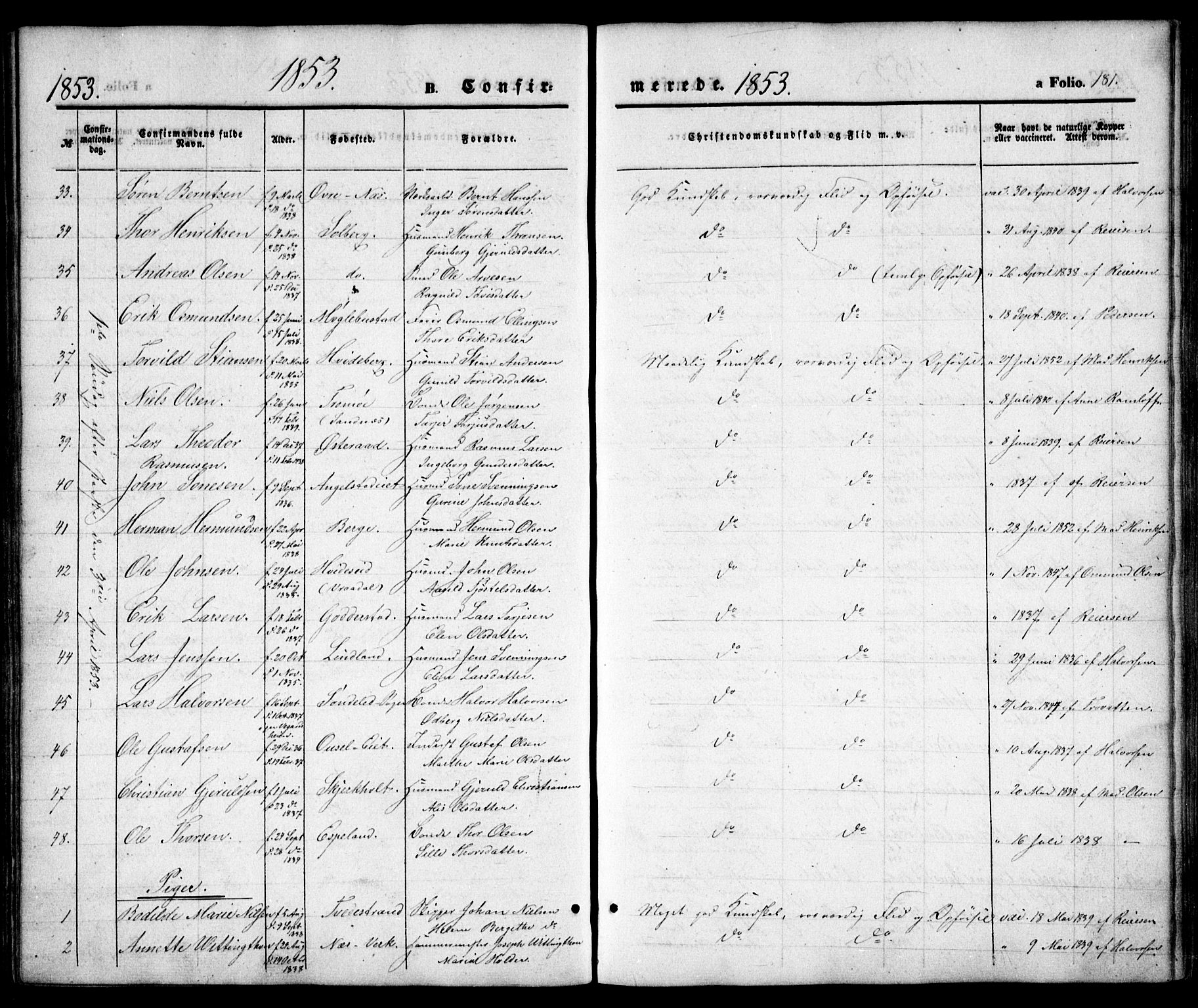 Holt sokneprestkontor, SAK/1111-0021/F/Fa/L0008: Parish register (official) no. A 8, 1849-1860, p. 181