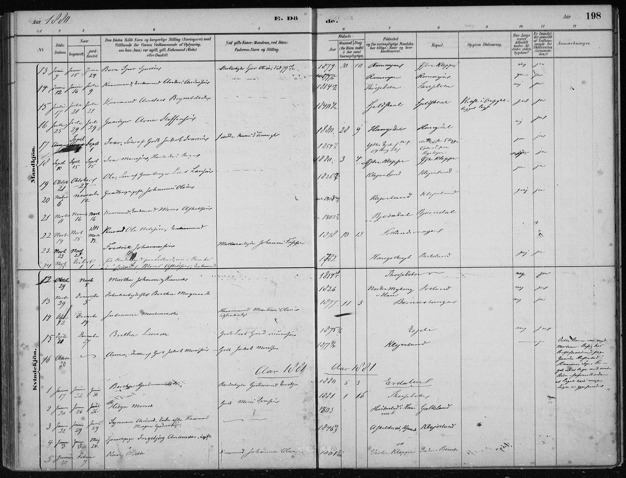 Hosanger sokneprestembete, AV/SAB-A-75801/H/Haa: Parish register (official) no. B  1, 1880-1896, p. 198