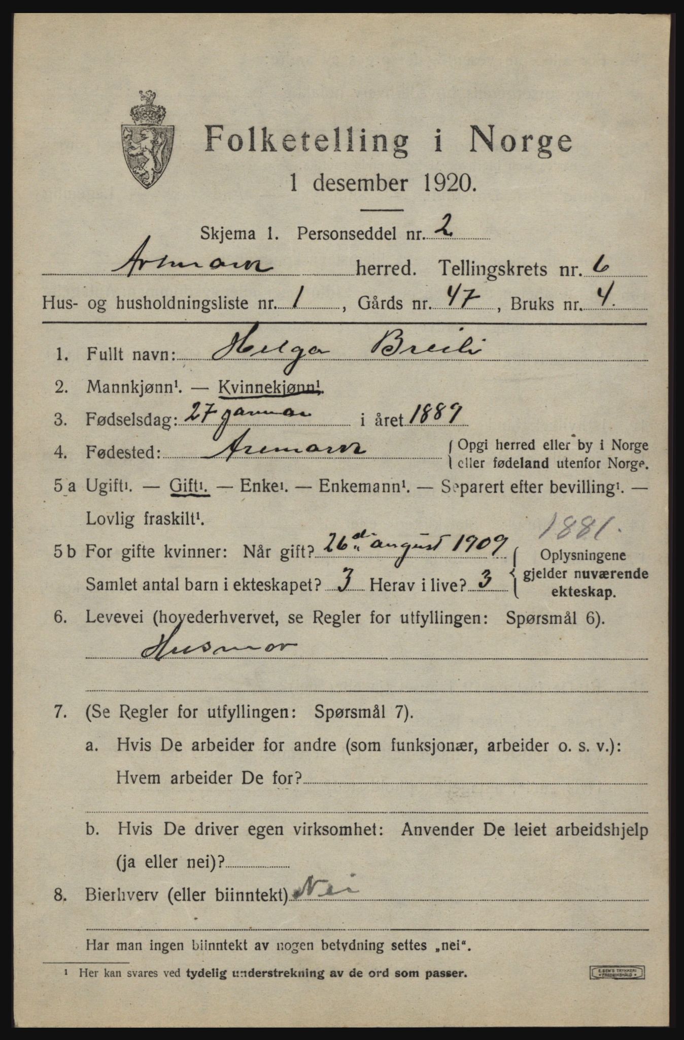 SAO, 1920 census for Aremark, 1920, p. 3725