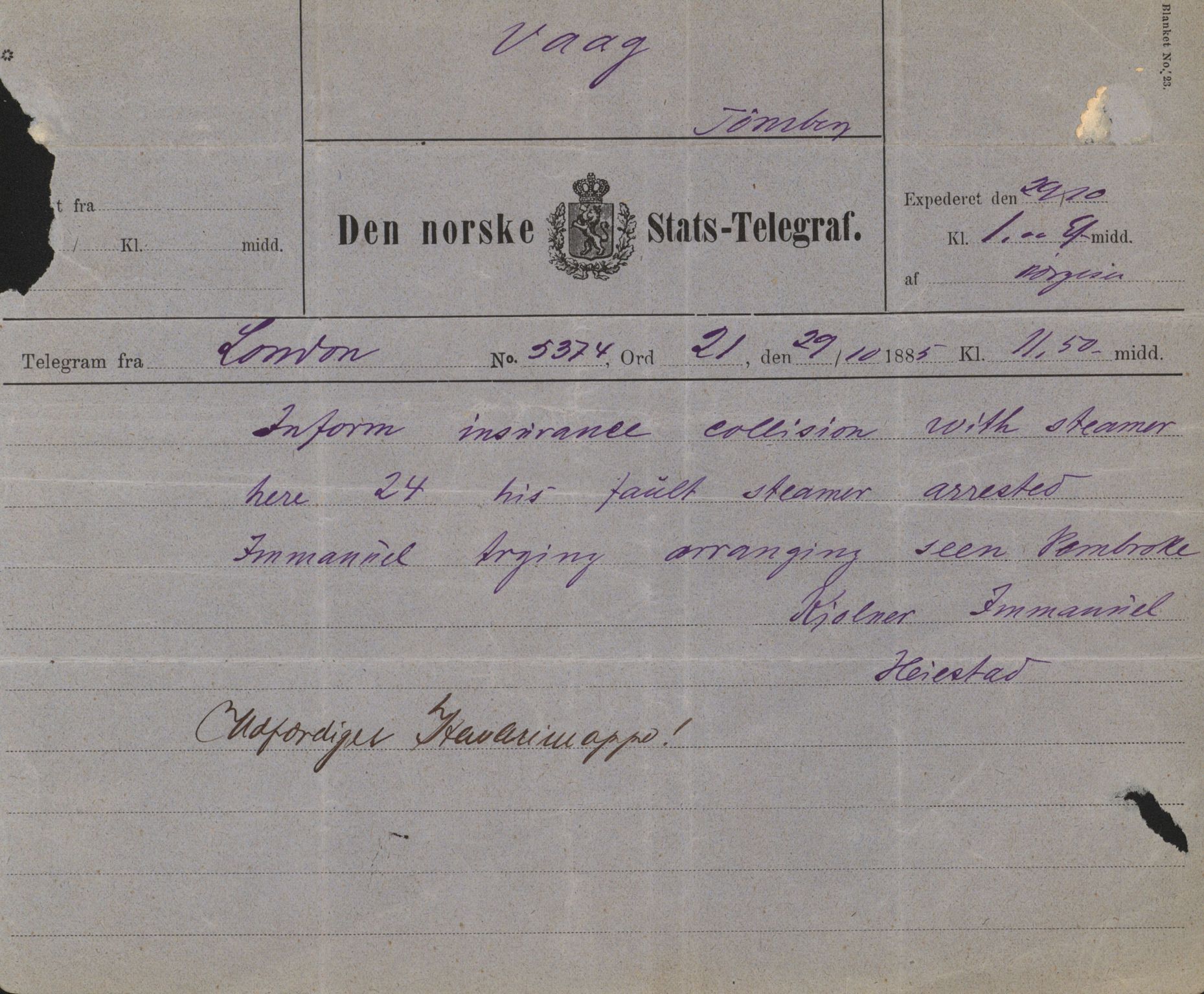 Pa 63 - Østlandske skibsassuranceforening, VEMU/A-1079/G/Ga/L0018/0011: Havaridokumenter / Bertha, Bonita, Immanuel, Th. Thoresen, India, 1885, p. 30