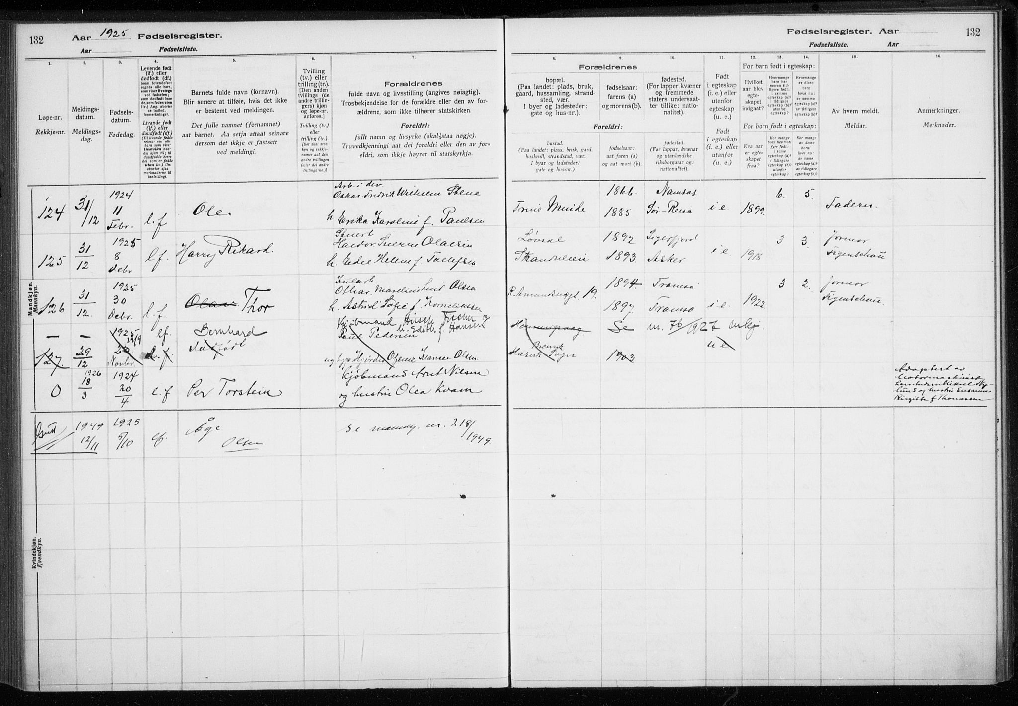 Tromsø sokneprestkontor/stiftsprosti/domprosti, AV/SATØ-S-1343/H/Ha/L0132: Birth register no. 132, 1921-1927, p. 132