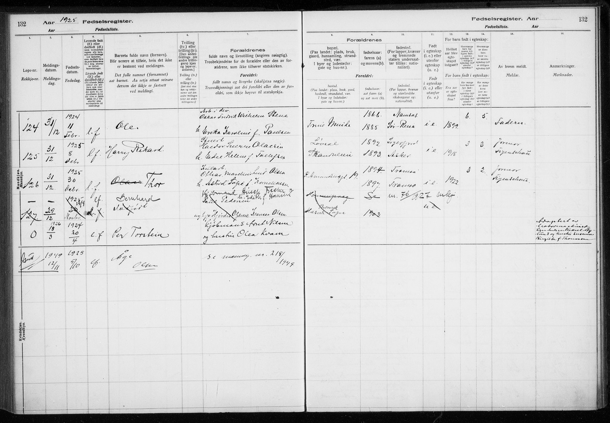 Tromsø sokneprestkontor/stiftsprosti/domprosti, SATØ/S-1343/H/Ha/L0132: Birth register no. 132, 1921-1927, p. 132