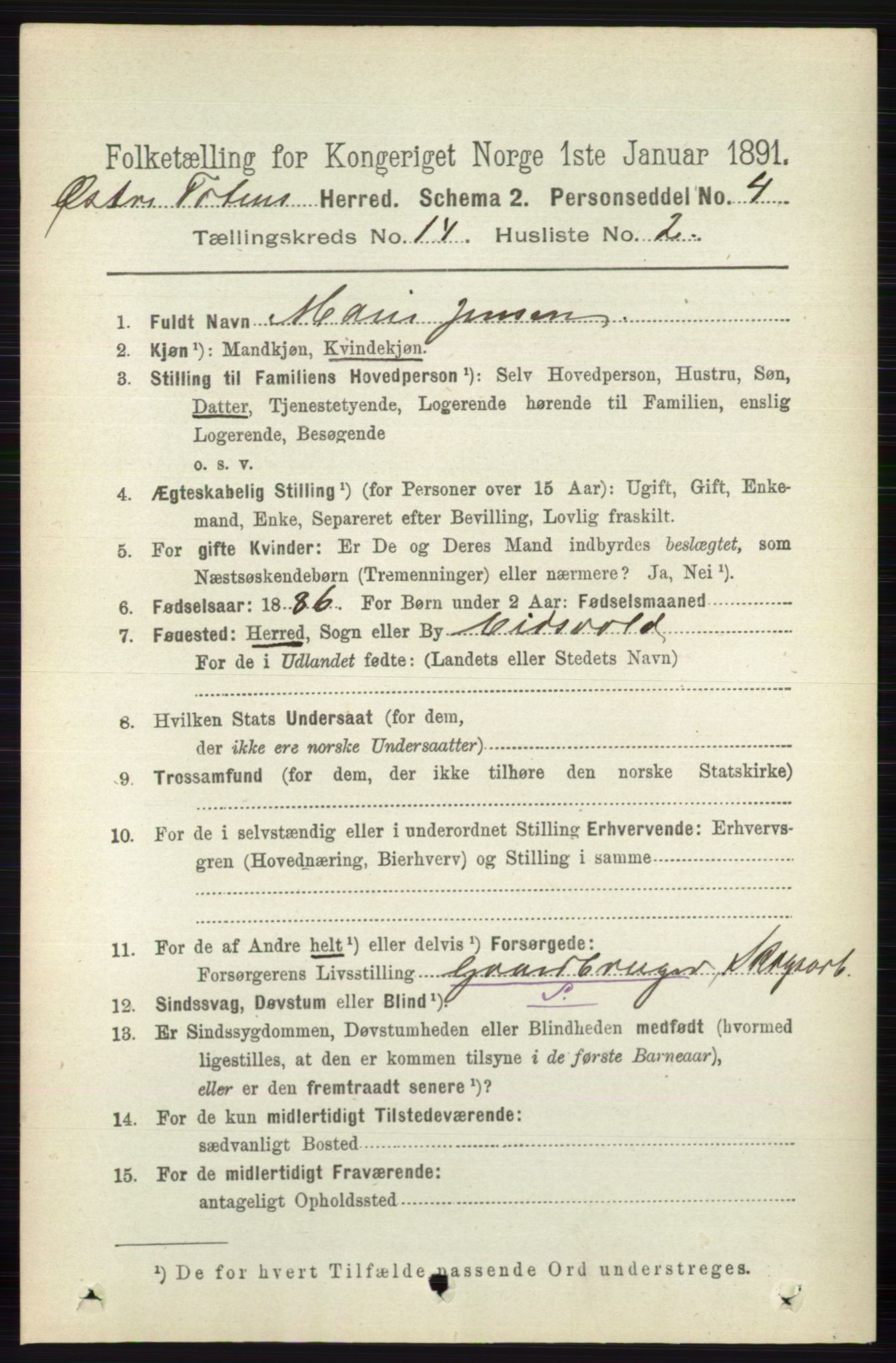 RA, 1891 census for 0528 Østre Toten, 1891, p. 9073