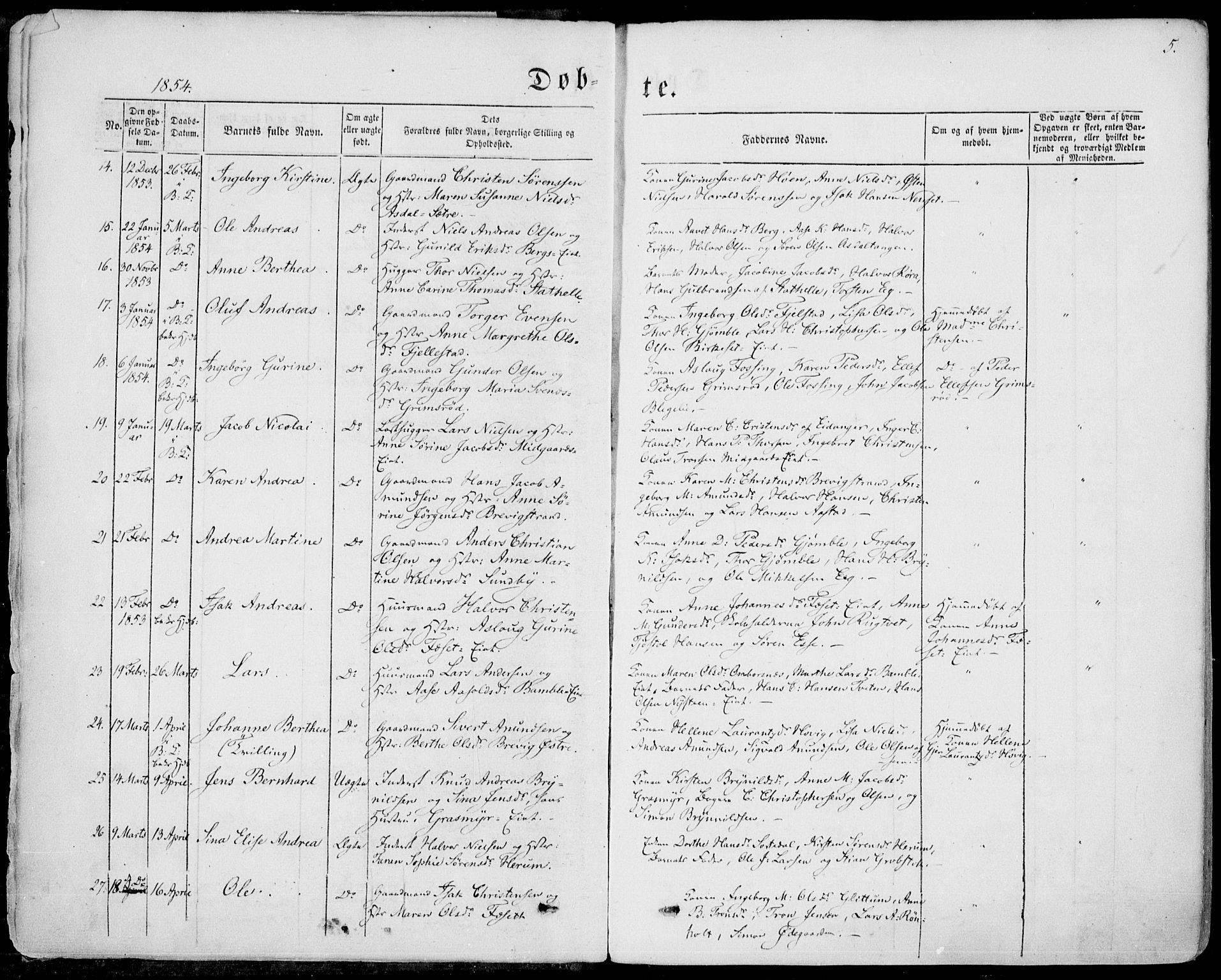 Bamble kirkebøker, AV/SAKO-A-253/F/Fa/L0005: Parish register (official) no. I 5, 1854-1869, p. 5