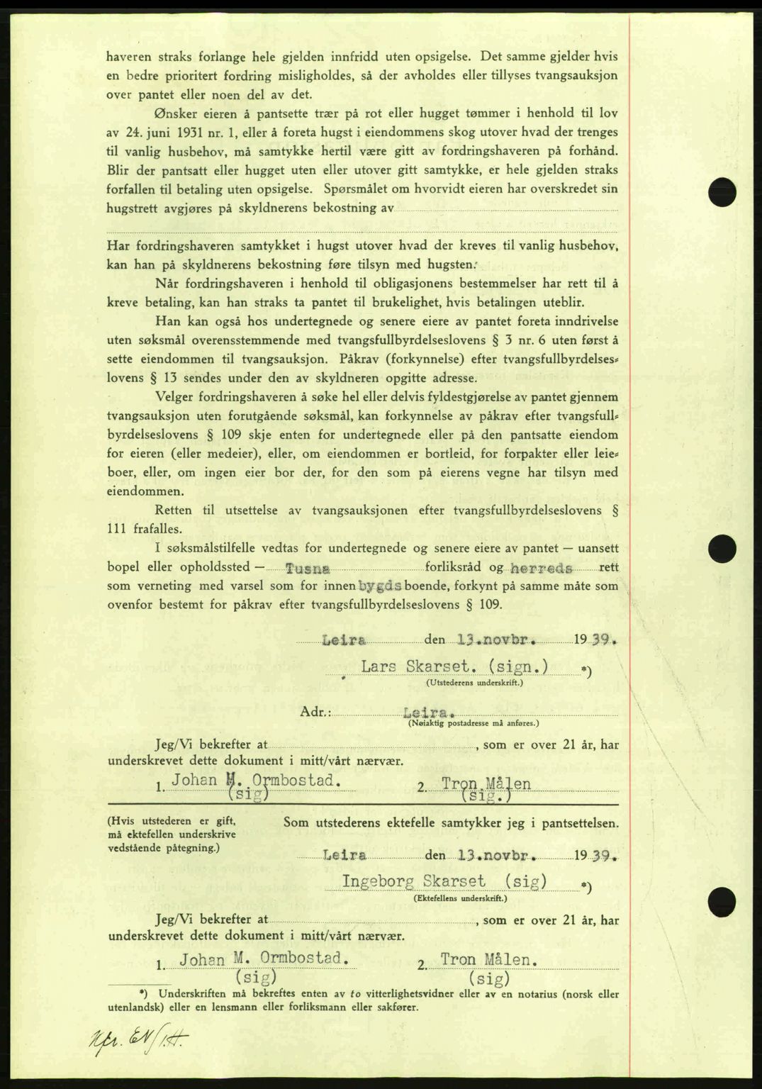 Nordmøre sorenskriveri, AV/SAT-A-4132/1/2/2Ca: Mortgage book no. B86, 1939-1940, Diary no: : 3376/1939