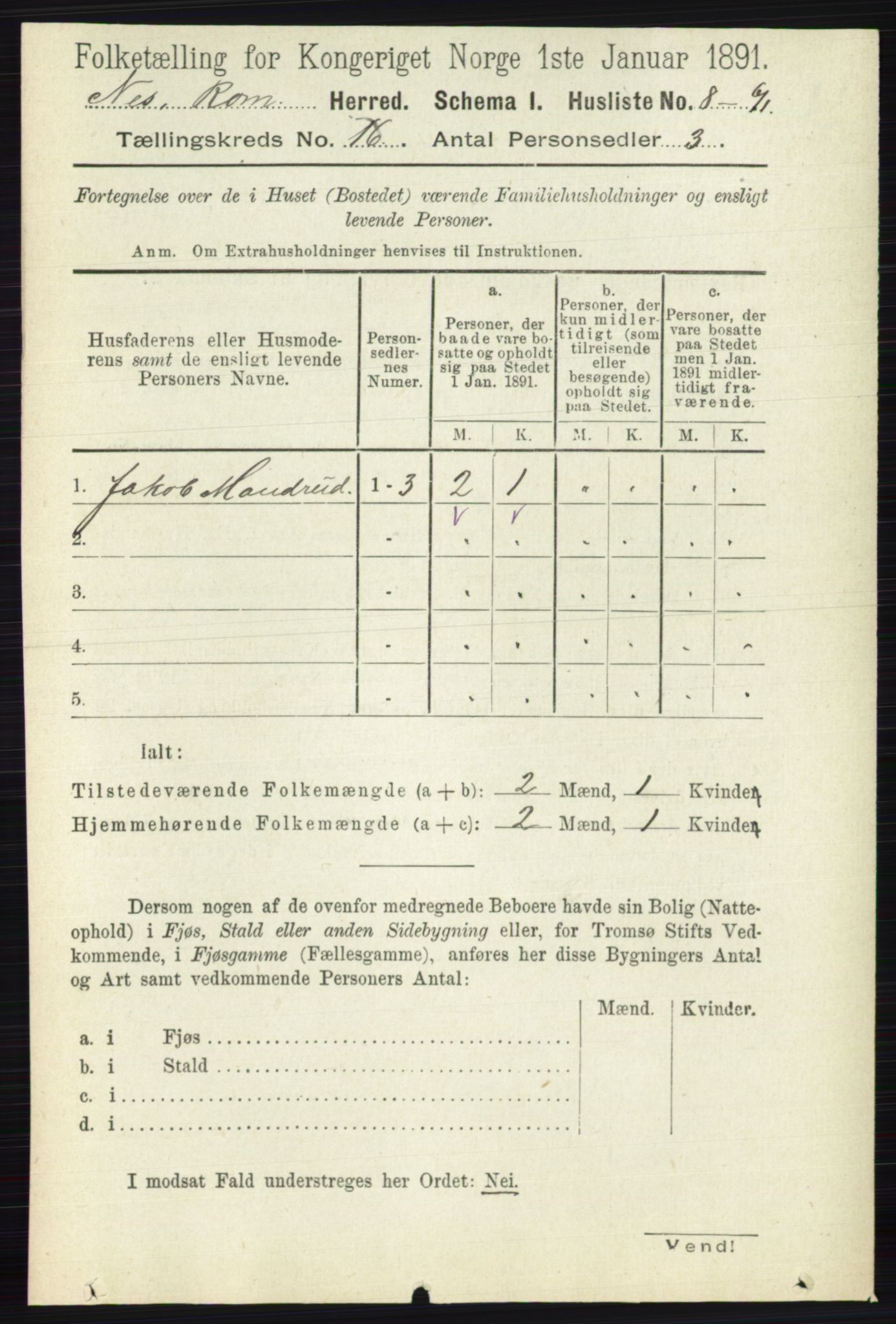 RA, 1891 census for 0236 Nes, 1891, p. 9506