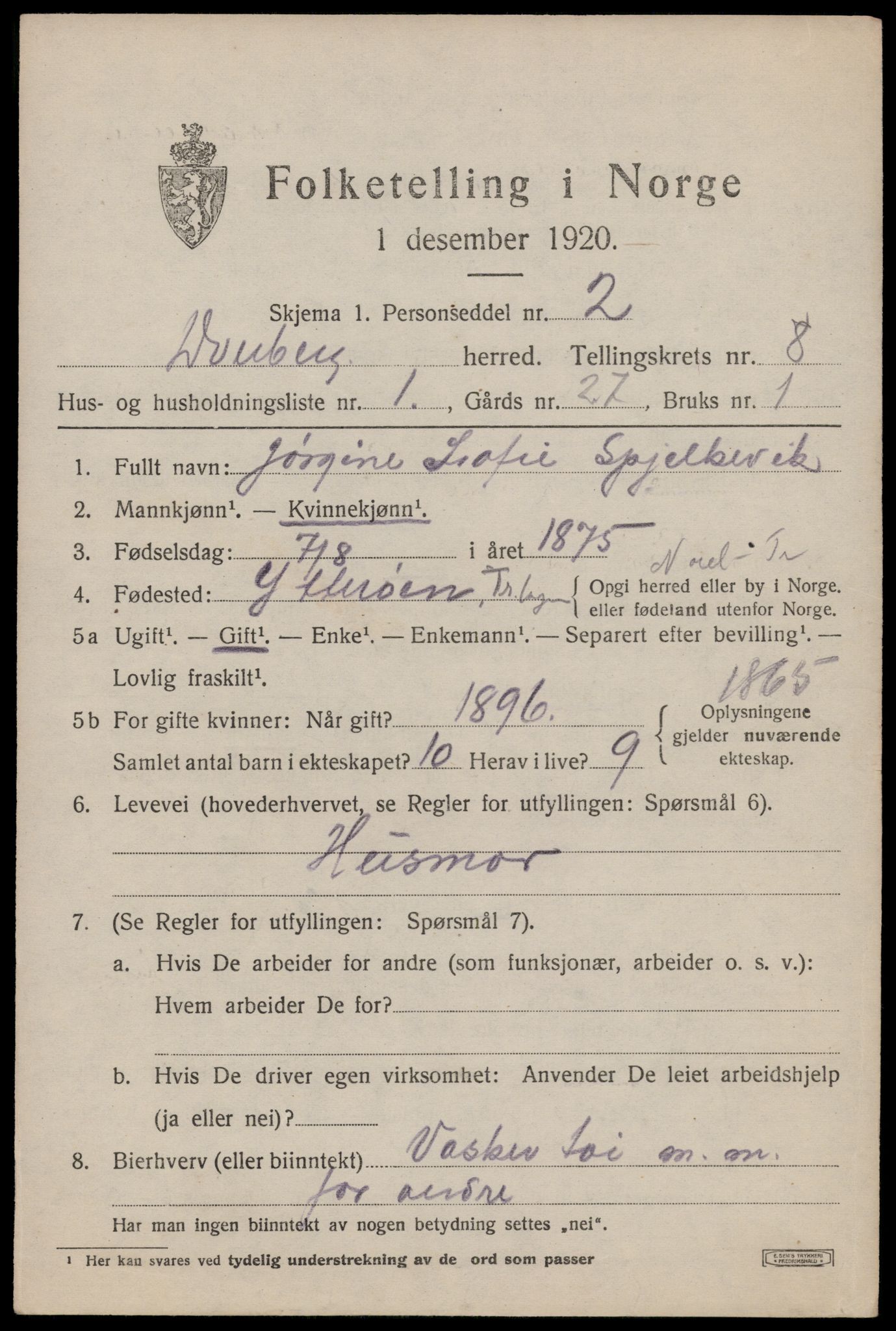 SAT, 1920 census for Dverberg, 1920, p. 7114