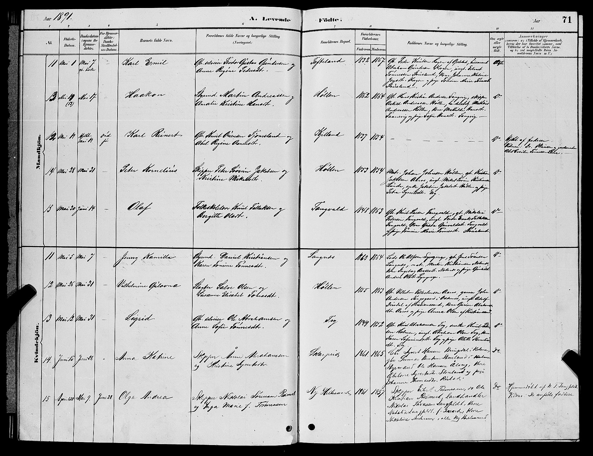 Søgne sokneprestkontor, AV/SAK-1111-0037/F/Fb/Fbb/L0005: Parish register (copy) no. B 5, 1884-1891, p. 71