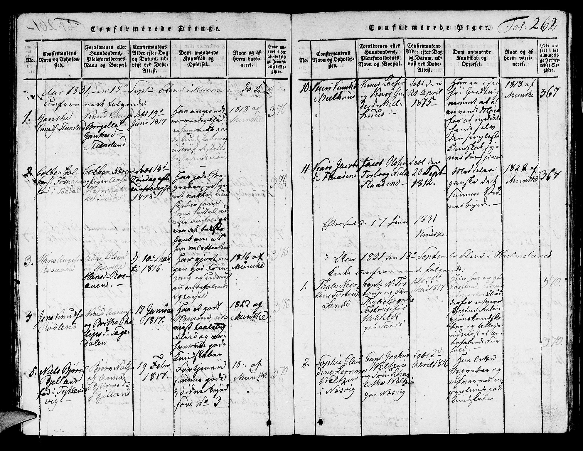 Hjelmeland sokneprestkontor, AV/SAST-A-101843/01/V/L0001: Parish register (copy) no. B 1, 1816-1841, p. 262