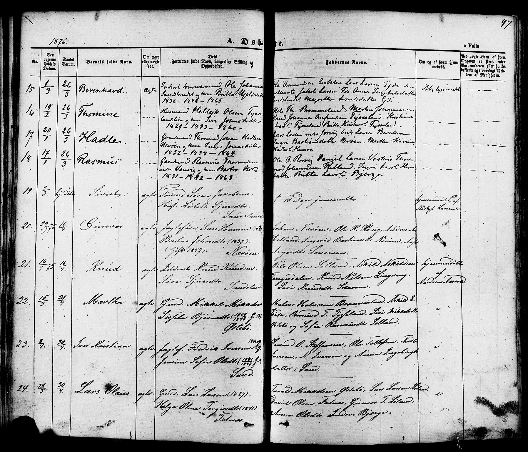 Sand sokneprestkontor, AV/SAST-A-101848/01/III/L0003: Parish register (official) no. A 3, 1854-1879, p. 97