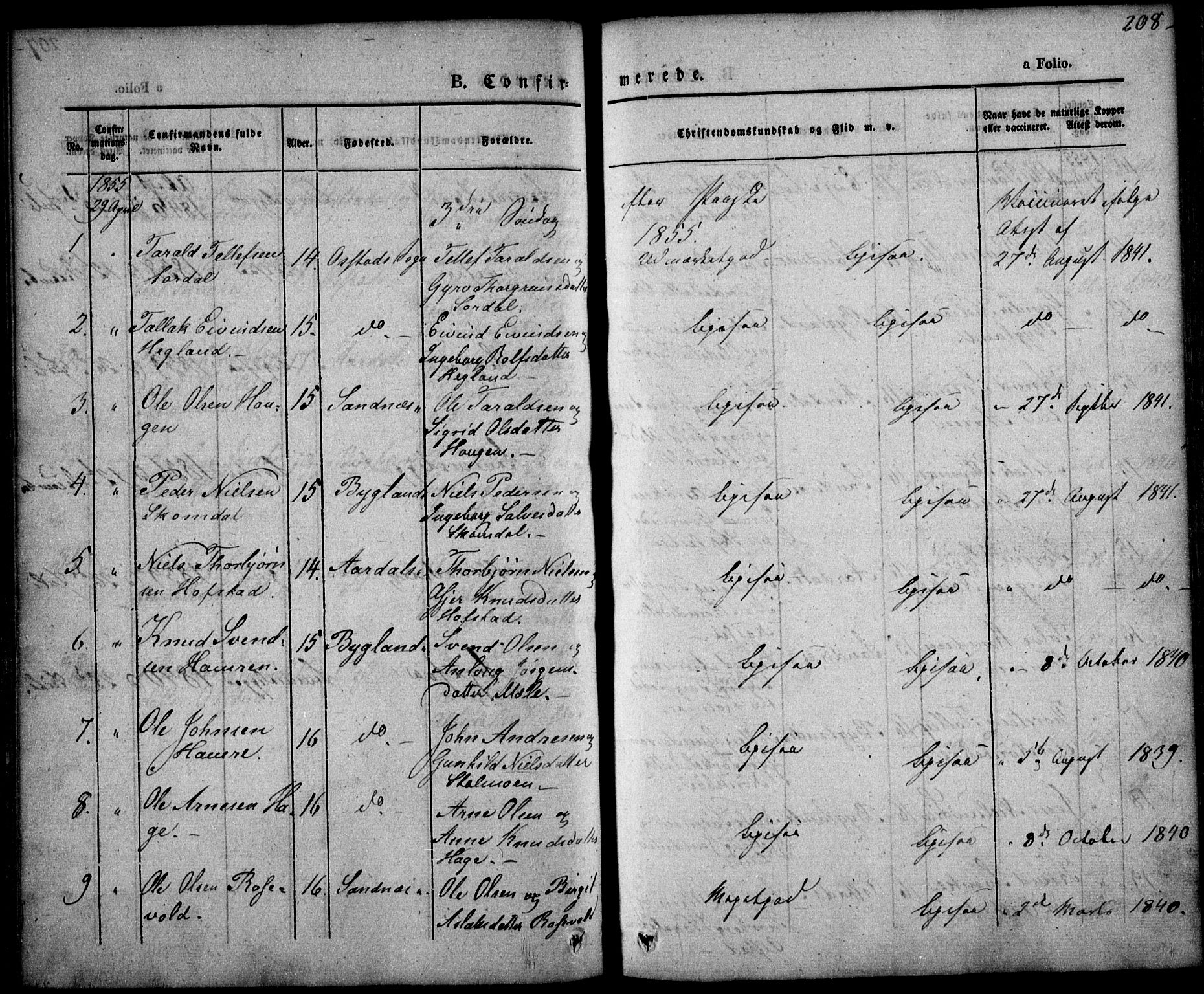 Bygland sokneprestkontor, AV/SAK-1111-0006/F/Fa/Fab/L0004: Parish register (official) no. A 4, 1842-1858, p. 208