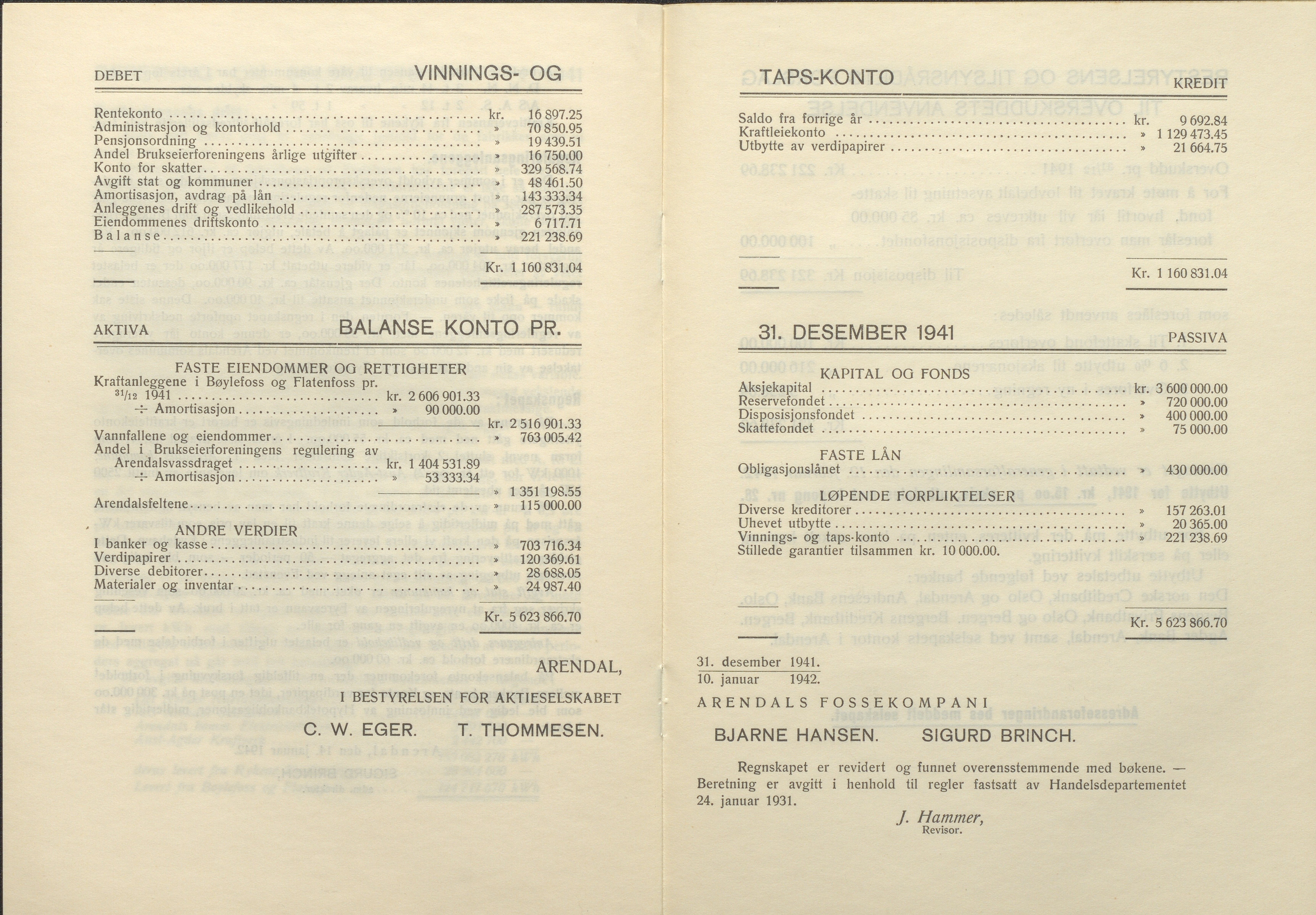 Arendals Fossekompani, AAKS/PA-2413/X/X01/L0001/0010: Beretninger, regnskap, balansekonto, gevinst- og tapskonto / Årsberetning og regnskap 1936 - 1942, 1936-1942