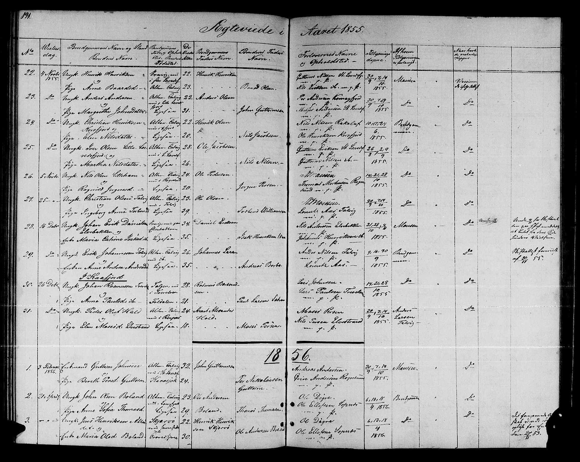 Talvik sokneprestkontor, SATØ/S-1337/H/Hb/L0001klokker: Parish register (copy) no. 1, 1847-1863, p. 191
