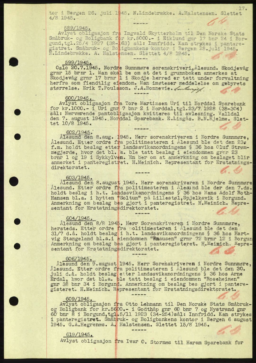 Nordre Sunnmøre sorenskriveri, SAT/A-0006/1/2/2C/2Ca: Mortgage book no. B6-14 a, 1942-1945, Diary no: : 589/1945