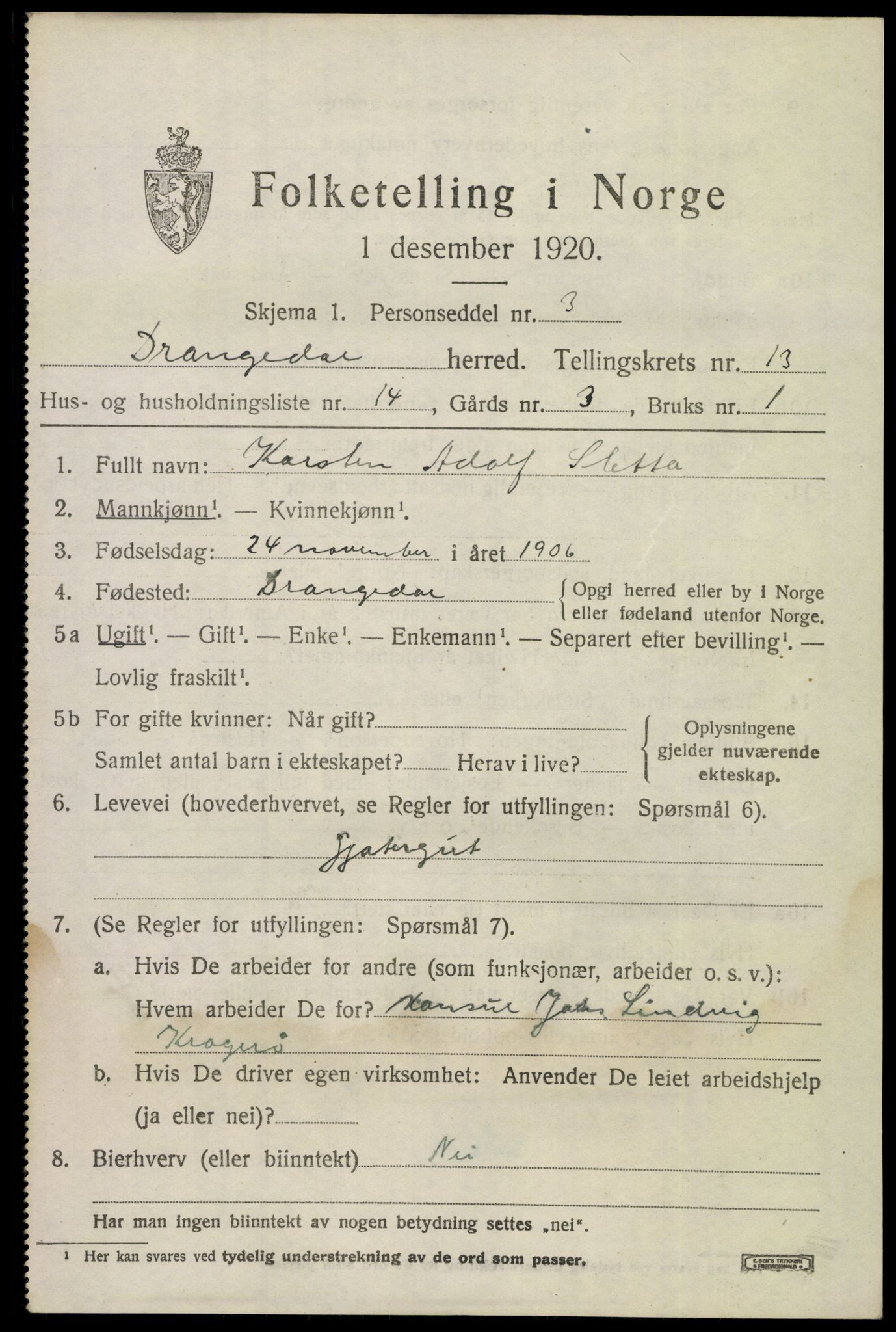 SAKO, 1920 census for Drangedal, 1920, p. 7483