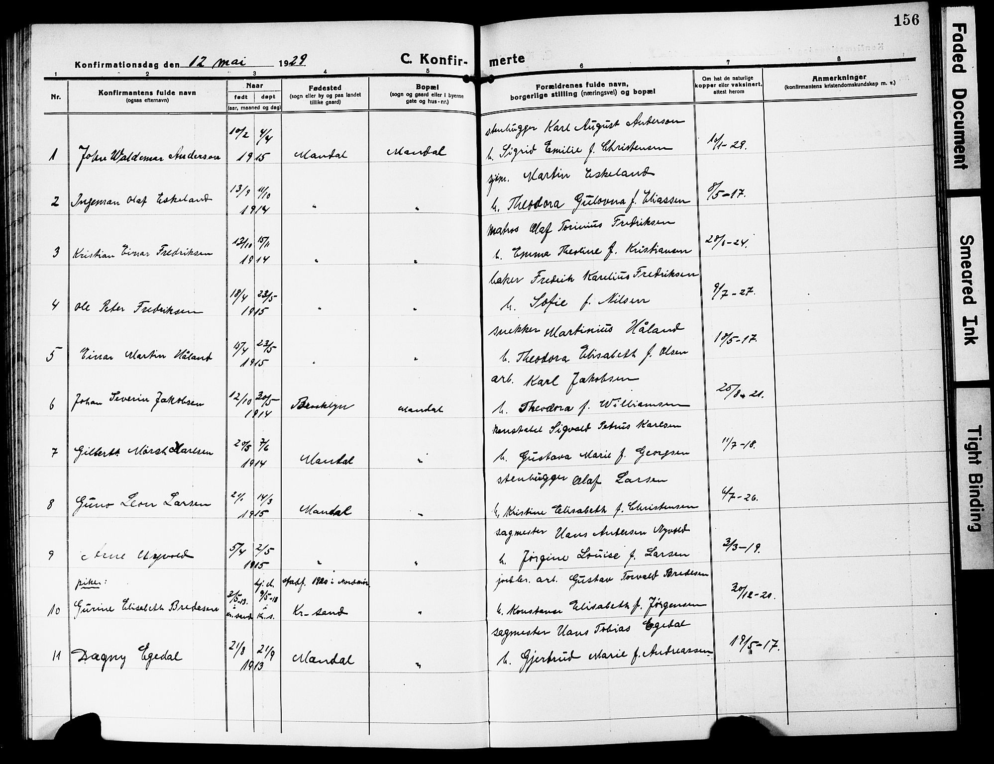 Mandal sokneprestkontor, SAK/1111-0030/F/Fb/Fbc/L0001: Parish register (copy) no. B 1, 1918-1931, p. 156
